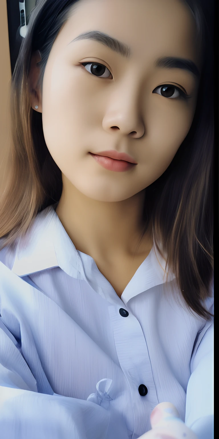 there is a woman that is sitting down with a cell phone, detailed face of a asian girl, blur effect face, close up potrait, detailed unblurred face, with round face, single realistic face, realistic painting effect, pointed chin, photorealistic beautiful face, slightly round chin, with a pointed chin, markings on her face, with narrow nose