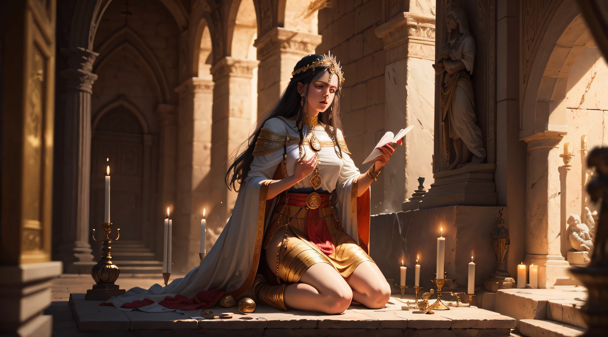 A painting depicting Jezebel in an act of Baal-Melcarte worship at an altar in Samaria, with Phoenician offerings and priests, reflecting his deep devotion to this divinity. 4K cinematics