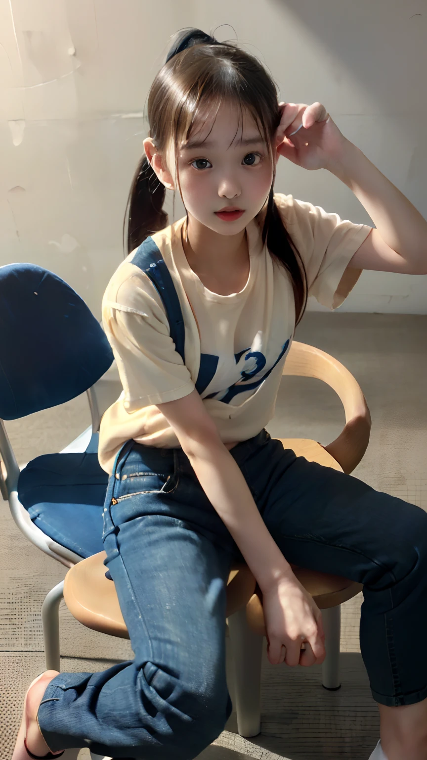 photorealisim、(-yeld ju1.5)、(T-shirt and skinny denim:1.5)、(Put on the cap:1.9)、(Smaller chest:1.8)、(Sit on a chair with one leg raised:1.9)、(Smooth ponytail:1.7)、Looks like you're about to cry、Letting down your bangs、Detailed body、Detailed hand、No makeup