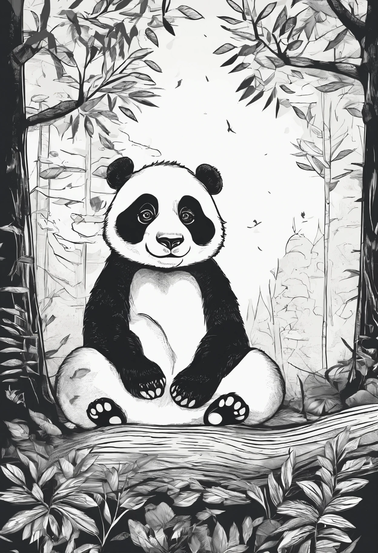 Cute panda looking up at the sky in the forest