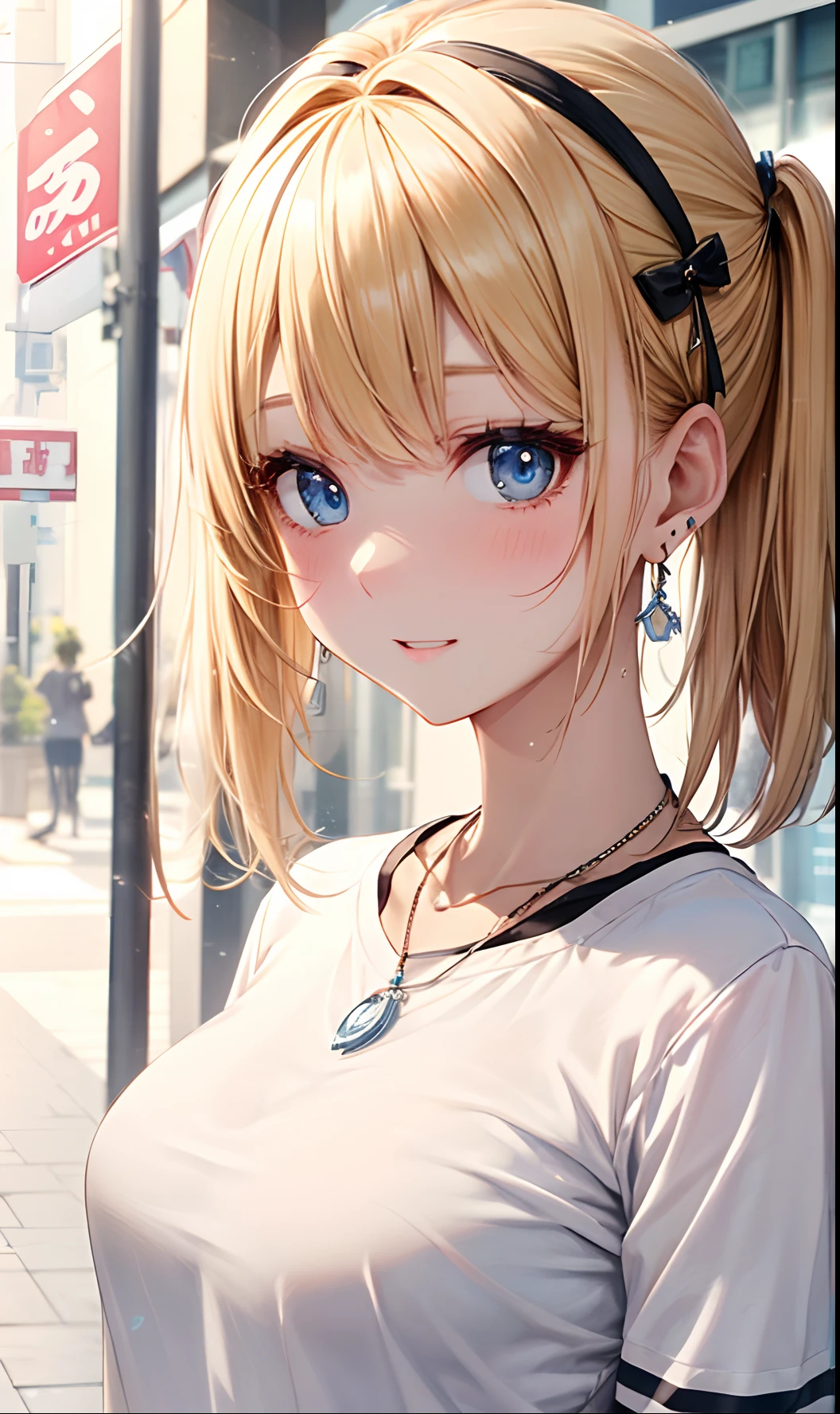 absurderes, ultra-detailliert,bright colour, extremely beautiful detailed anime face and eyes, (独奏:1.6), ;D, shiny_skin,25 years old, Short hair, , asymmetrical bangs, Blonde hair with short twin tails, Shiny hair, Delicate beautiful face, red blush,(Deep Blue Eyes:1.3 ) White skin, hair clips, earrings, a necklace,(St. James Shirt:1.3),(Edwin Bottoms:1.3),Bustling street、(embarrassed from:1.3)、Wet、