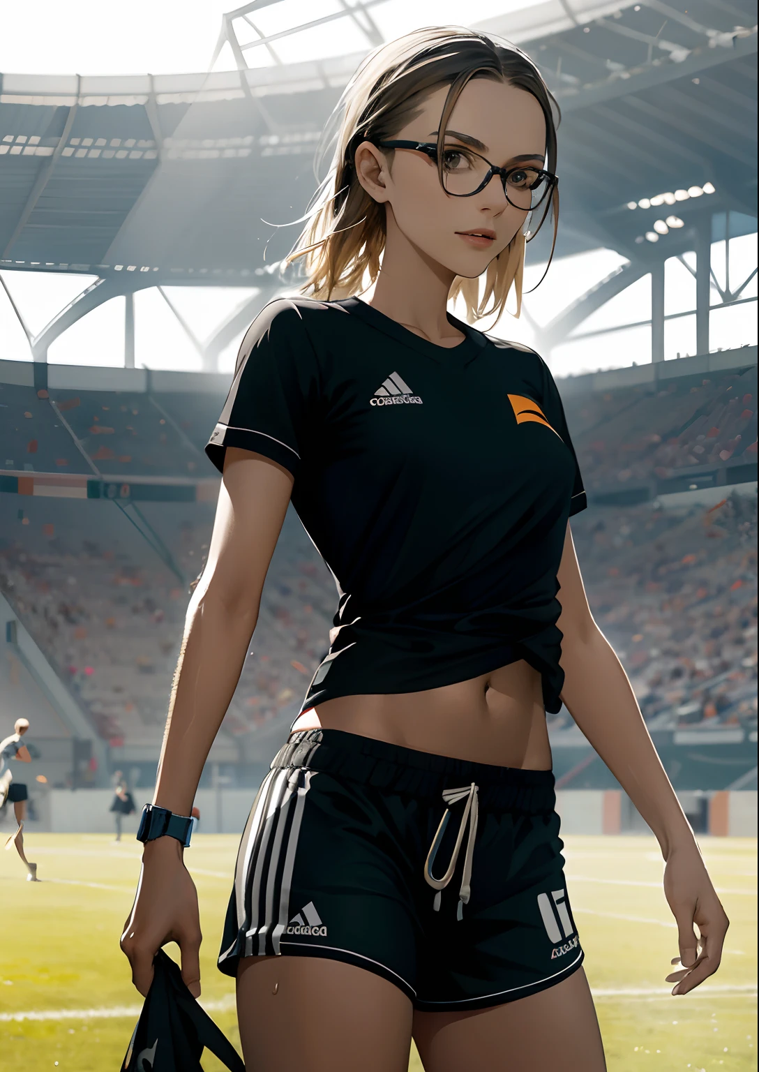 arafed woman in glasses and a black shirt standing on a field, on the field, on a soccer field, mia kischner, full body, close up, textured, wearing shorts and t shirt, marta syrko, sporty, on a football field, dressed in a top and shorts, dasha taran, ๐ฟ๐๐, aleksandra waliszewska