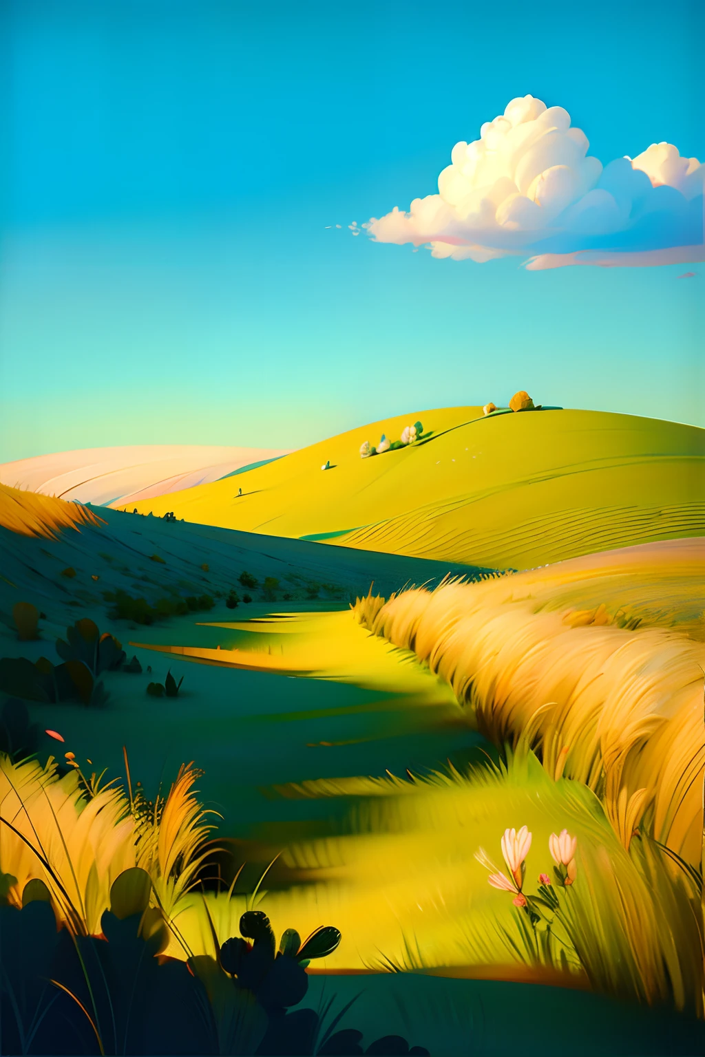 A painting of a summertime landscape, a wide open grassy hill, daytime light.