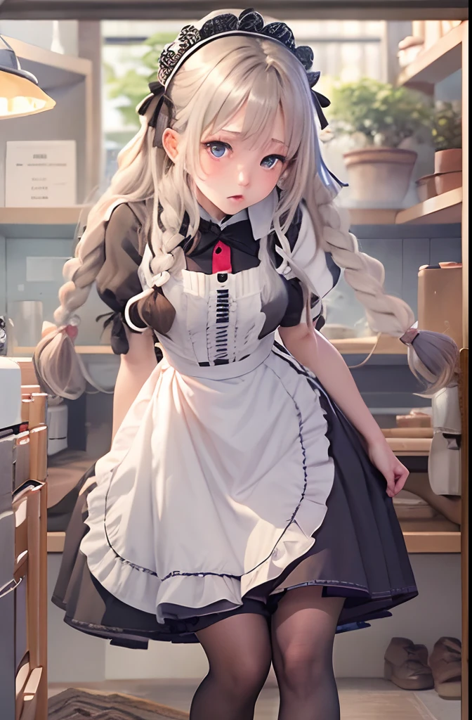 silber hair、red eyes、One pretty girl、独奏、animesque、maid clothes、off shoulders、Cleaning tools