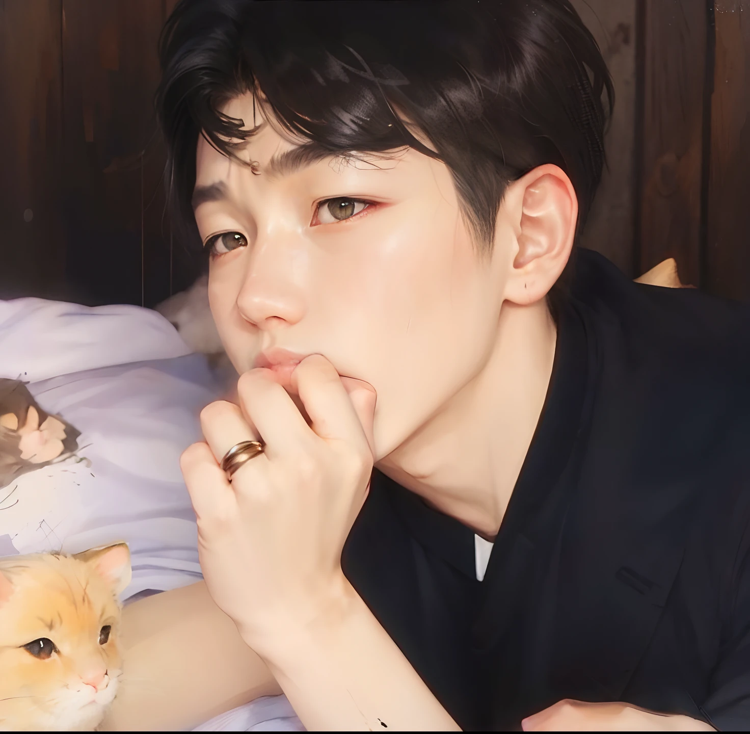 korean boy with brown hair and dark brown eyes. realictic, ultra hd.