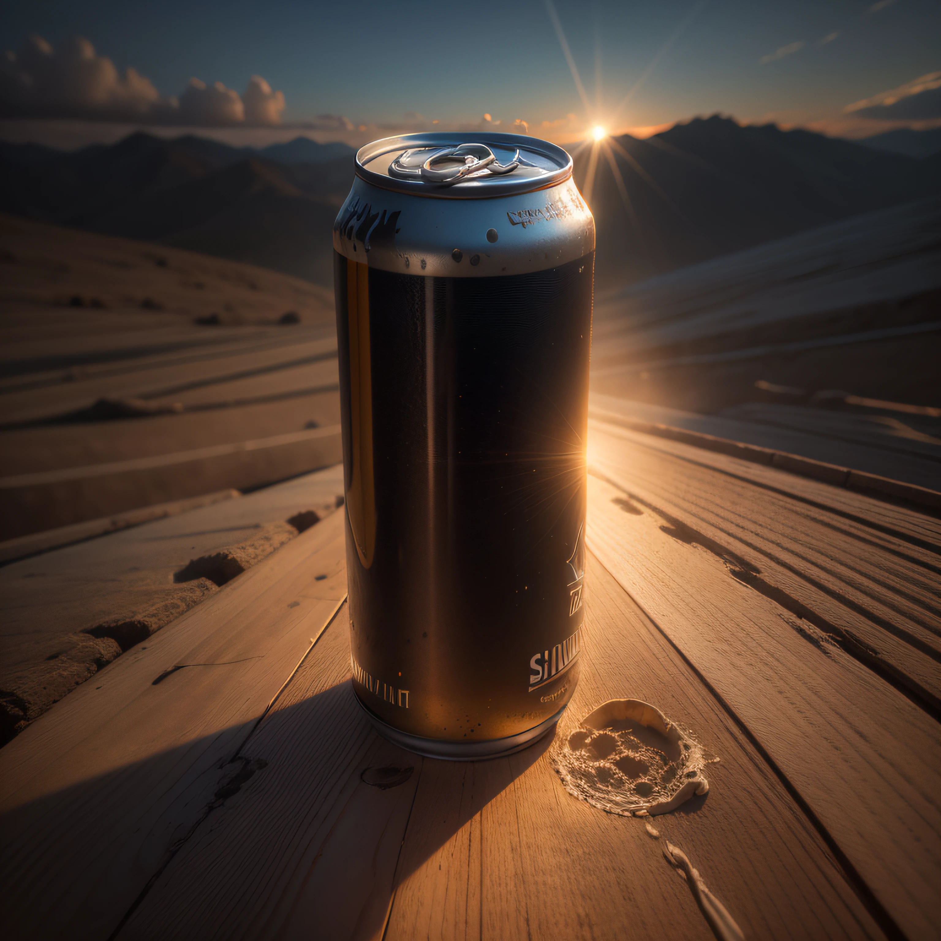 Dark tones, Craft can of beer. rays of sunshine, Sundown, The sky, is beautiful,  cinematiclight, sidelighting, extra high resolution, better shadow, RAW,