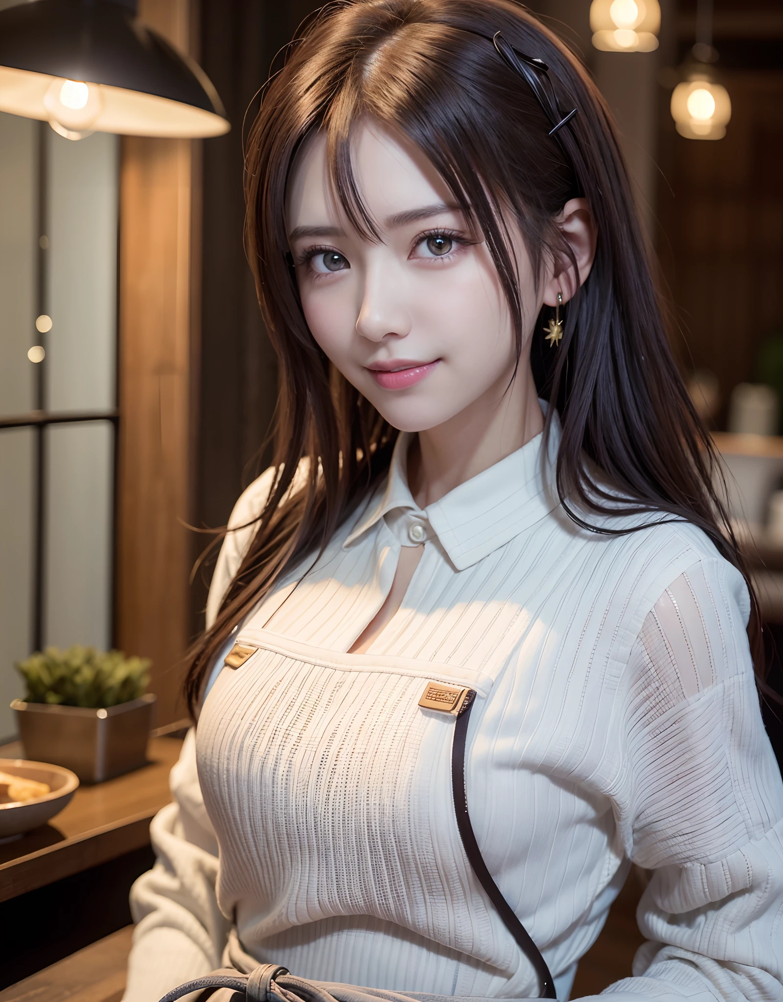 top-quality、8K Masterpiece、超A high resolution、(Photorealsitic:1.3)、Raw photo、女の子1人、The hairstyle is tied at the back、glowy skin、Cafe Clerk、Stylish、Cute apron、((super realistic details))、portlate、globalillumination、octan render、in 8K、ultrasharp、highly intricate detail、Realistic light、CGSoation Trends、beautidful eyes、radiant eyes、Facing the camera、Spiteful smile