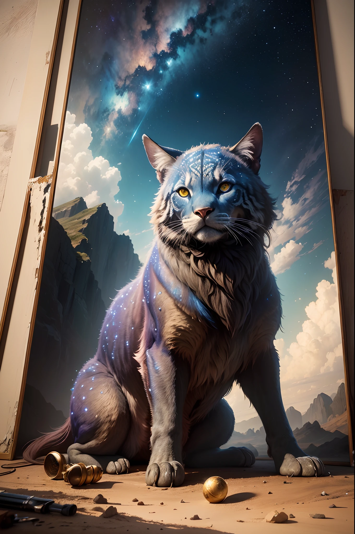 (best quality,4k,8k,highres,masterpiece:1.2),ultra-detailed,(realistic,photorealistic,photo-realistic:1.37),Unreal Engine,pbr rendering,3D rendering,complex and intricate,detailed,star-filled sky,nebula,absurd,sci-fi,utmost level of detail,digital illustration,the most beautiful artwork in the universe,gorgeous environment,realistic painting art,professional and majestic oil painting,composite artwork,fantastical location,global illumination with studio lighting