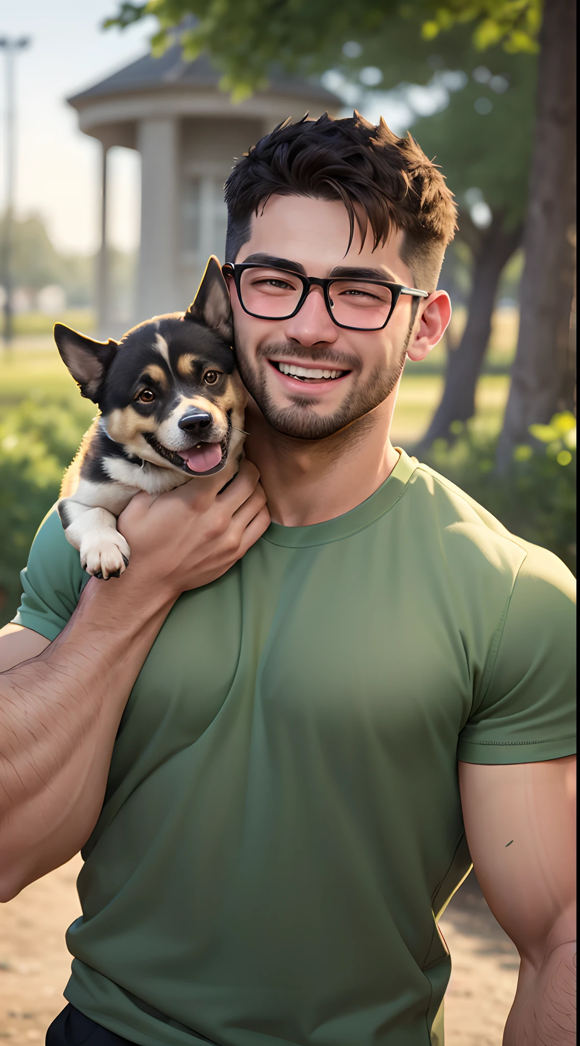 a man with a beard and a German Sheppard dog, the man wearing glasses, green T shirt, in a dog's park, the man carrying and hugging the dog, the high well detailed, face focus, happy smile, happy dog, heart-warming, from the front
