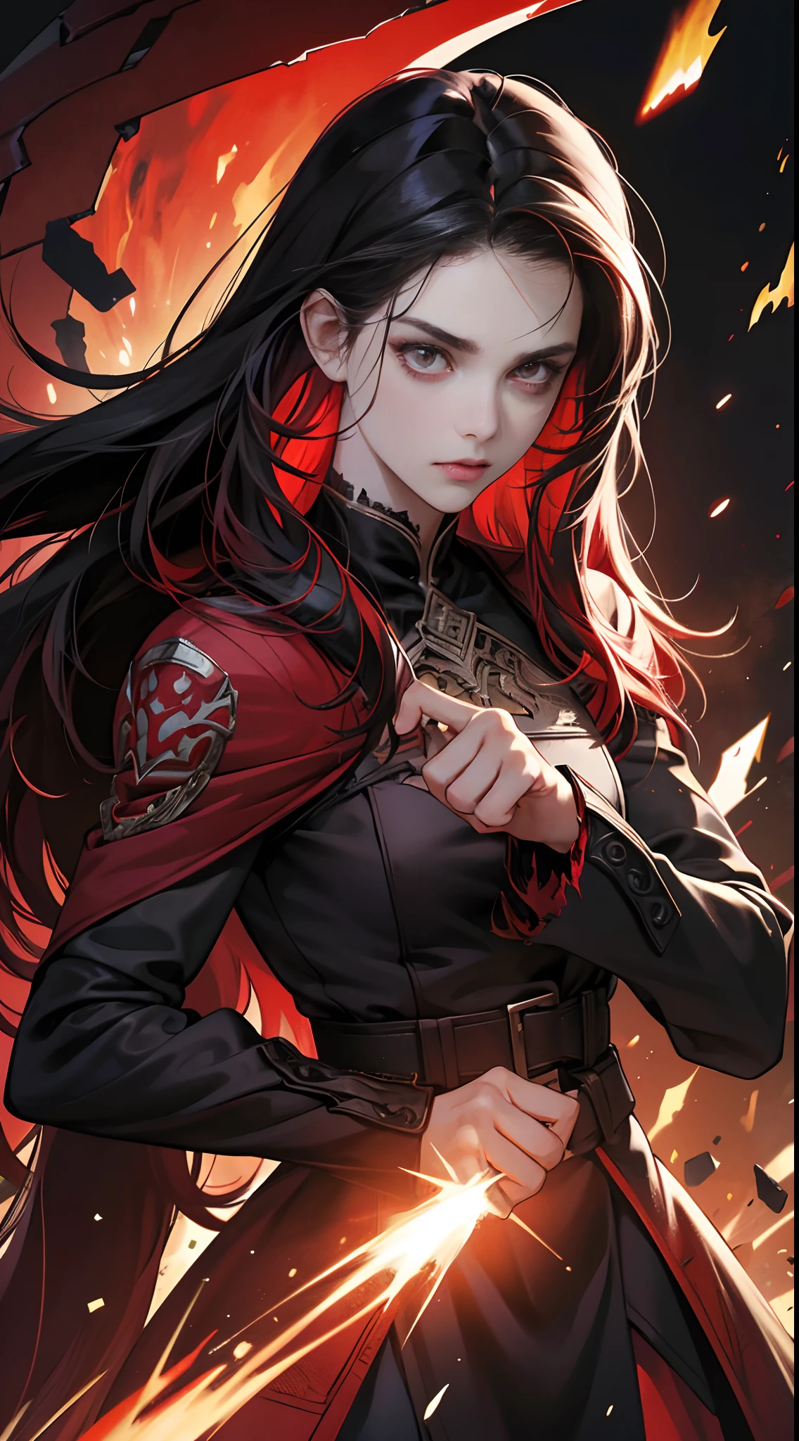 (Best Quality,4K,High resolution), 18yo woman, Red mesh hair on black hair, Long hair, Straight hair, , Comical appearance,(Best Quality,4K,High resolution), 18yo woman, Red highlights on black hair, Long hair, Straight hair, Transforming Woman,An abnormal,Cold eyes ,sharp eye,distressed look,Vanity fair,Red glowing eyes,Facial expression enhancement,camera,Changing the Appearance of a Transform,Dark Hero,beast,Beastification,Evil Fight,buttle,Dark back alley,Retro Doomsday World,Delicate illustrations drawn in detail,Torn clothes with decoration,Disheveled clothes,Realistic portrayal,Vibrant colors,expresive,Classic background