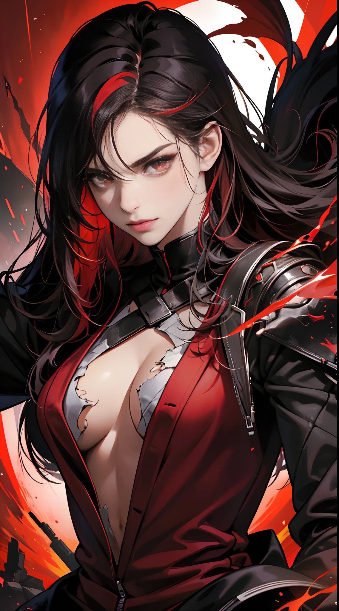 (Best Quality,4K,High resolution), 18yo woman, Red mesh hair on black hair, Long hair, Straight hair, , Comical appearance,(Best Quality,4K,High resolution), 18yo woman, Red highlights on black hair, Long hair, Straight hair, Transforming Woman,An abnormal,Cold eyes ,sharp eye,distressed look,Vanity fair,Red glowing eyes,Facial expression enhancement,camera,Changing the Appearance of a Transform,Dark Hero,beast,Beastification,Evil Fight,buttle,Dark back alley,Retro Doomsday World,Delicate illustrations drawn in detail,Torn clothes with decoration,Disheveled clothes,Realistic portrayal,Vibrant colors,expresive,Classic background