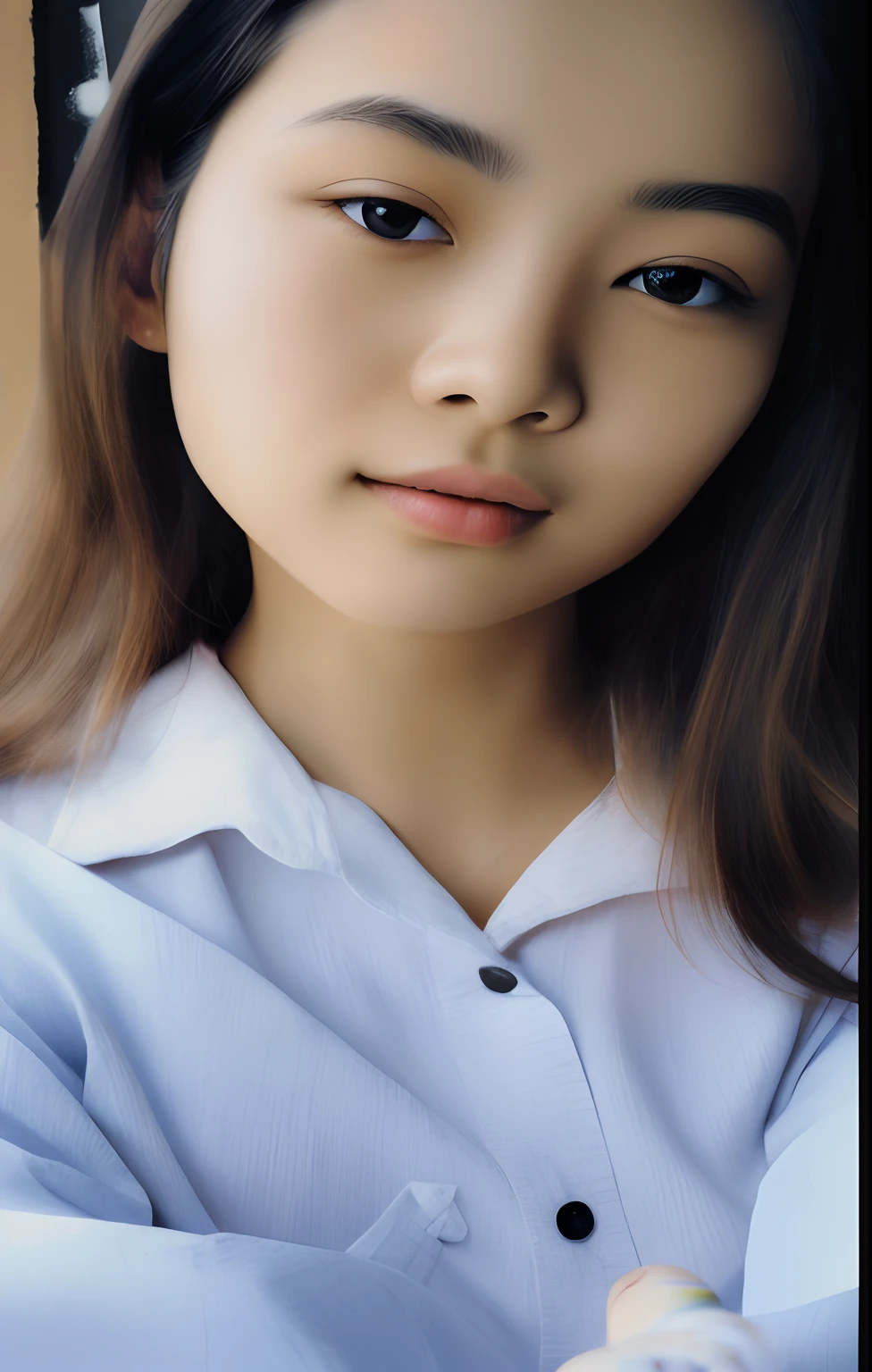 there is a woman that is sitting down with a cell phone, detailed face of a asian girl, blur effect face, close up potrait, detailed unblurred face, with round face, single realistic face, realistic painting effect, pointed chin, photorealistic beautiful face, slightly round chin, with a pointed chin, markings on her face, with narrow nose