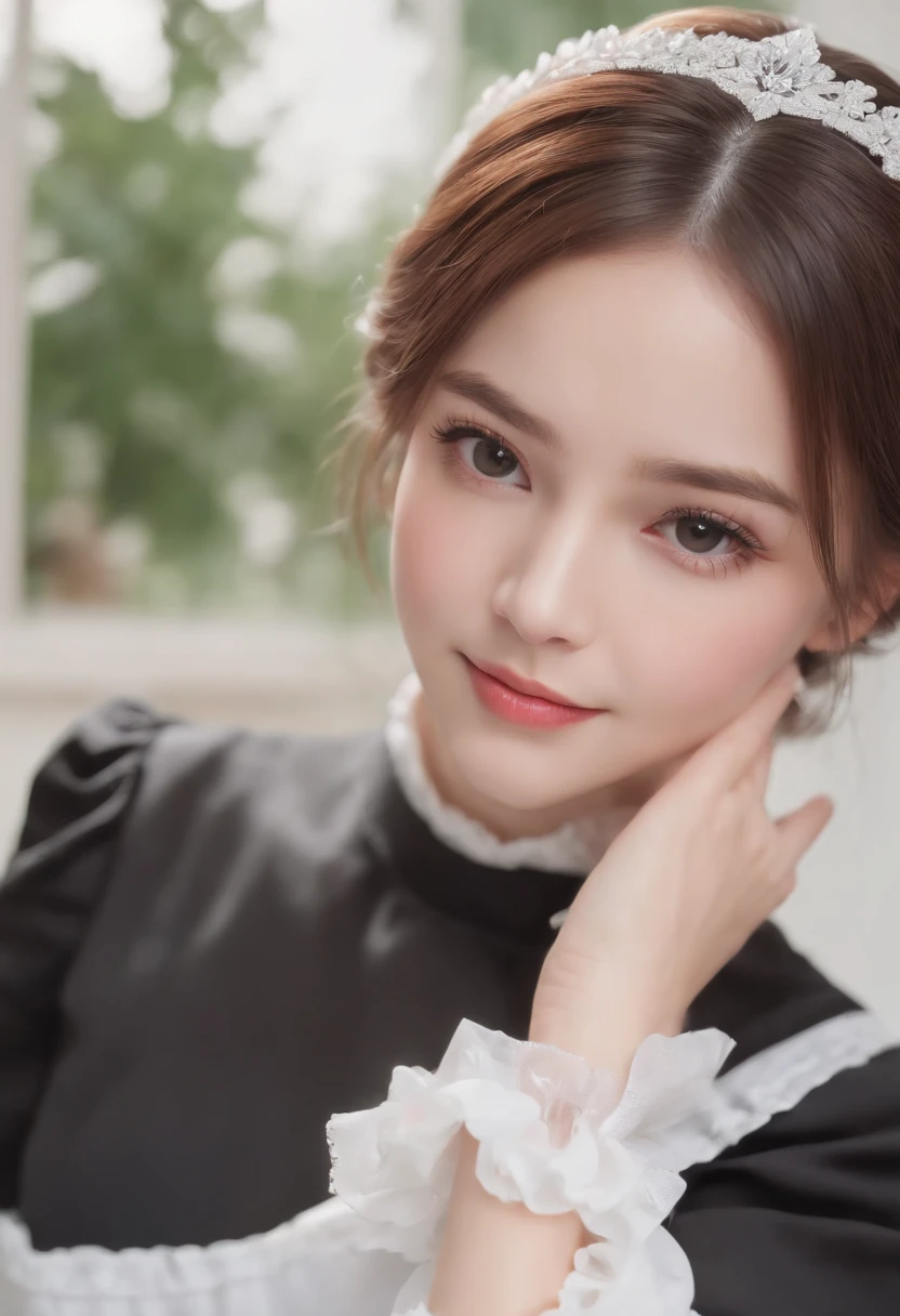 (high resolution, top quality),beautiful maid:1.5, work uniform,wavy and shiny hair,big bright eyes,soft hands,sweet smile,rosy cheeks,soft lighting,pure white background,traditional painting style,vibrant colors