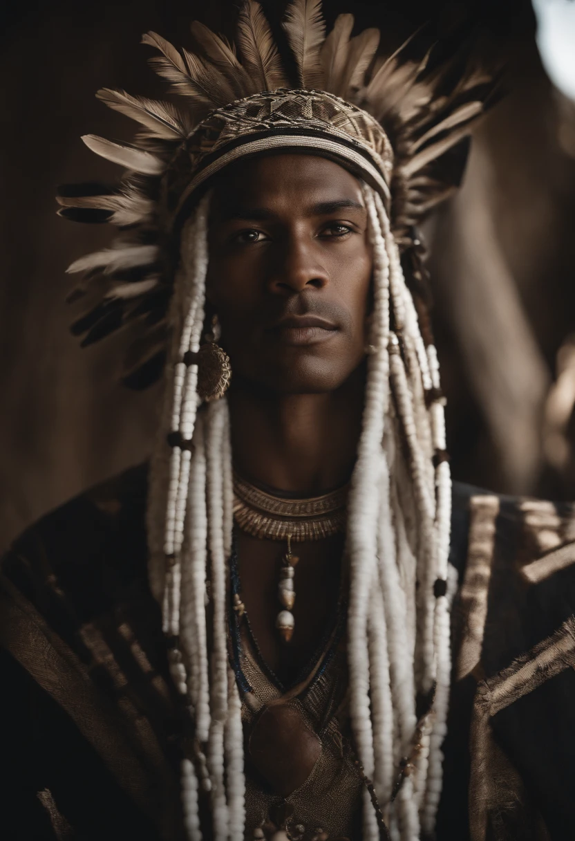 CABOCLO ogum 7 espadas, mestizo black man, indio, adornos tipicos indigena,vestindo um ade de penas azuis e brancas. intrincado, entidade da umbanda, rosto pintadio azul e branco e branco, olhar penetrante, cosmic god,