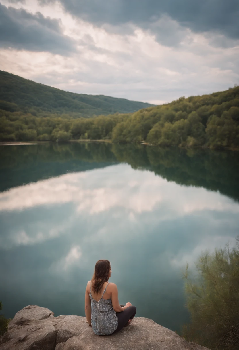 Generate an illustration of a contemplative landscape, calm and serene with mystic clouds and tranquil waters. 1 girl is sitting on a hill by a lake looking up in a sun covered sky in contemplative and philosothical, melancholic silent wonder.