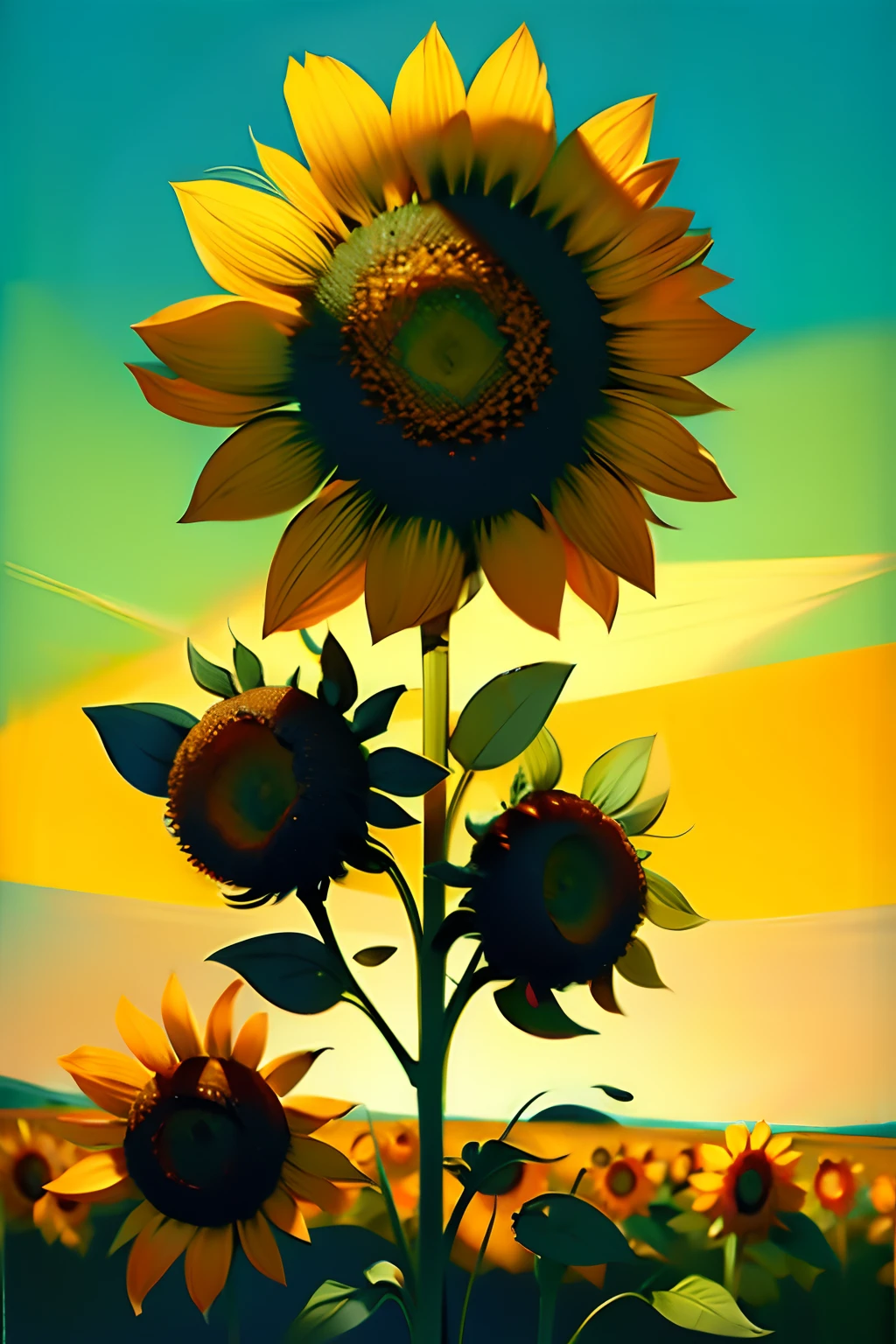 A painting of a summertime landscape, with a field of sunflowers, daytime light.