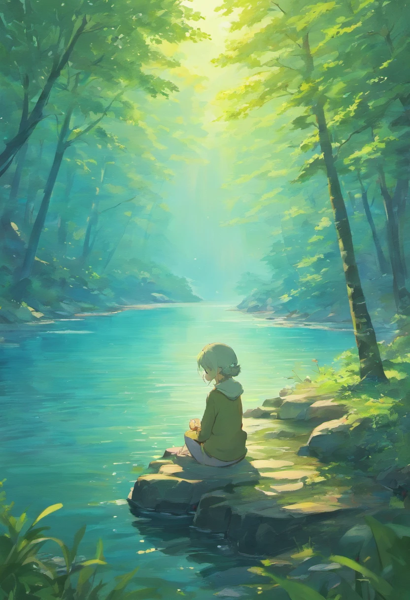 Generate an illustration of a contemplative landscape, calm and serene with mystic clouds and tranquil waters. 1 girl is sitting on a hill by a lake looking up in a sun covered sky in contemplative and philosothical, melancholic silent wonder.