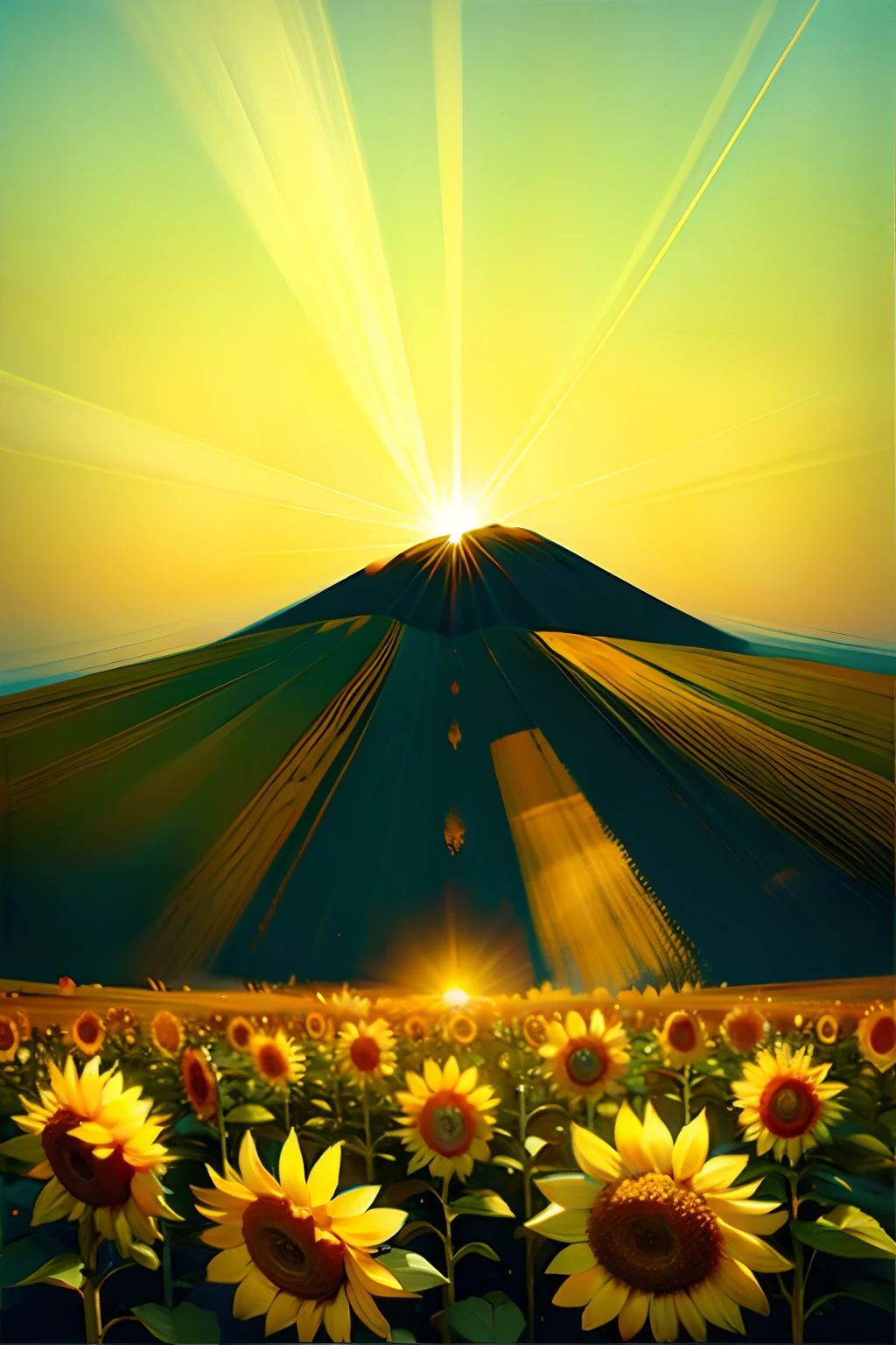 A painting of a summertime landscape, with a field of sunflowers, daytime light.