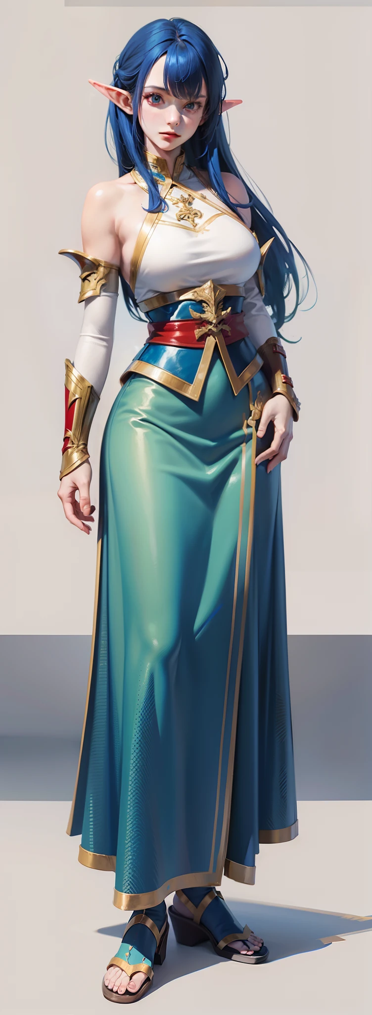 red and blue two-color hair,hentail realism, shadowing,,character sheets, reference sheet, Standing painting, 8K, Super detail, 1080p, Women's HD,Female elf,Elves,femele, 16k, A high resolution, Best quality, High quality, Anatomically correct, Masterpiece, ccurate, hyper HD,As graceful as a swan,unreal-engine, Ghibli-like colors, anime big breast, Standing painting, angle of view,battle armor,ssee-through,Red infracing