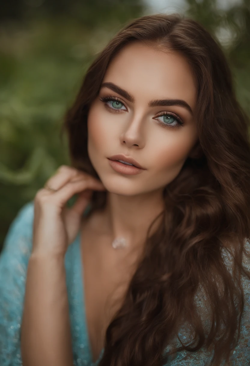 Arafed woman with big breasts, Sexy girl with green eyes, portrait sophie mudd, brown hair and big eyes, Selfie einer jungen Frau, Augen im Schlafzimmer, Violet Myers, ohne Make-up, Natural makeup, Blick direkt in die Kamera, Gesicht mit Artgram, dezentes Make-up, Stunning full body shot, piercing green eyes, Nice angle, Cute girl, Full body image, full entire body, full body shoot, brunette goddess, Hohe Detailgenauigkeit, Zufriedene Pose, Strand, Bikini, Im Sand spielen