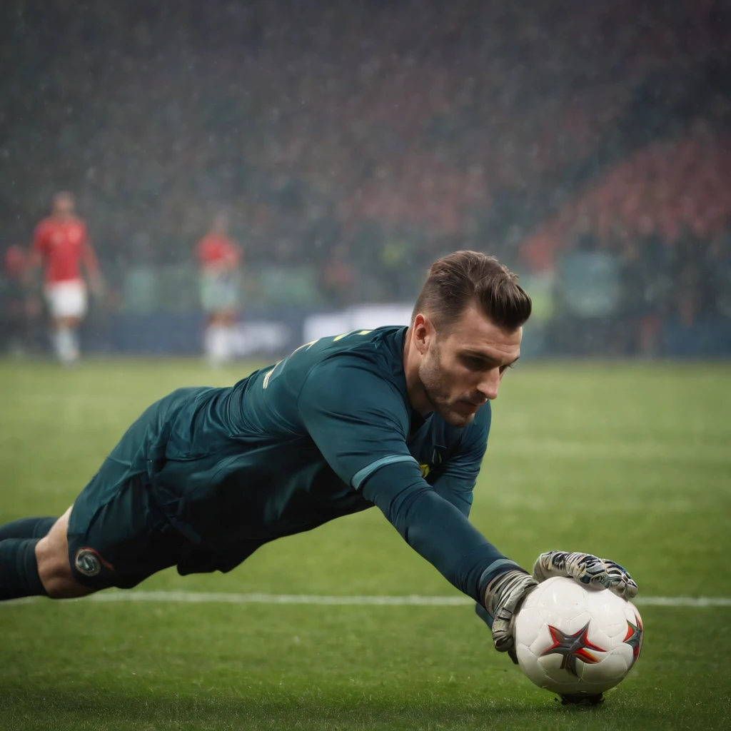 Homem Soccer Player Goalkeeper with goalkeeper glove defending penalty