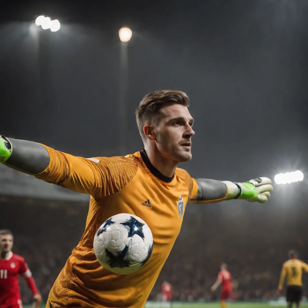 Homem Soccer Player Goalkeeper with goalkeeper glove defending penalty