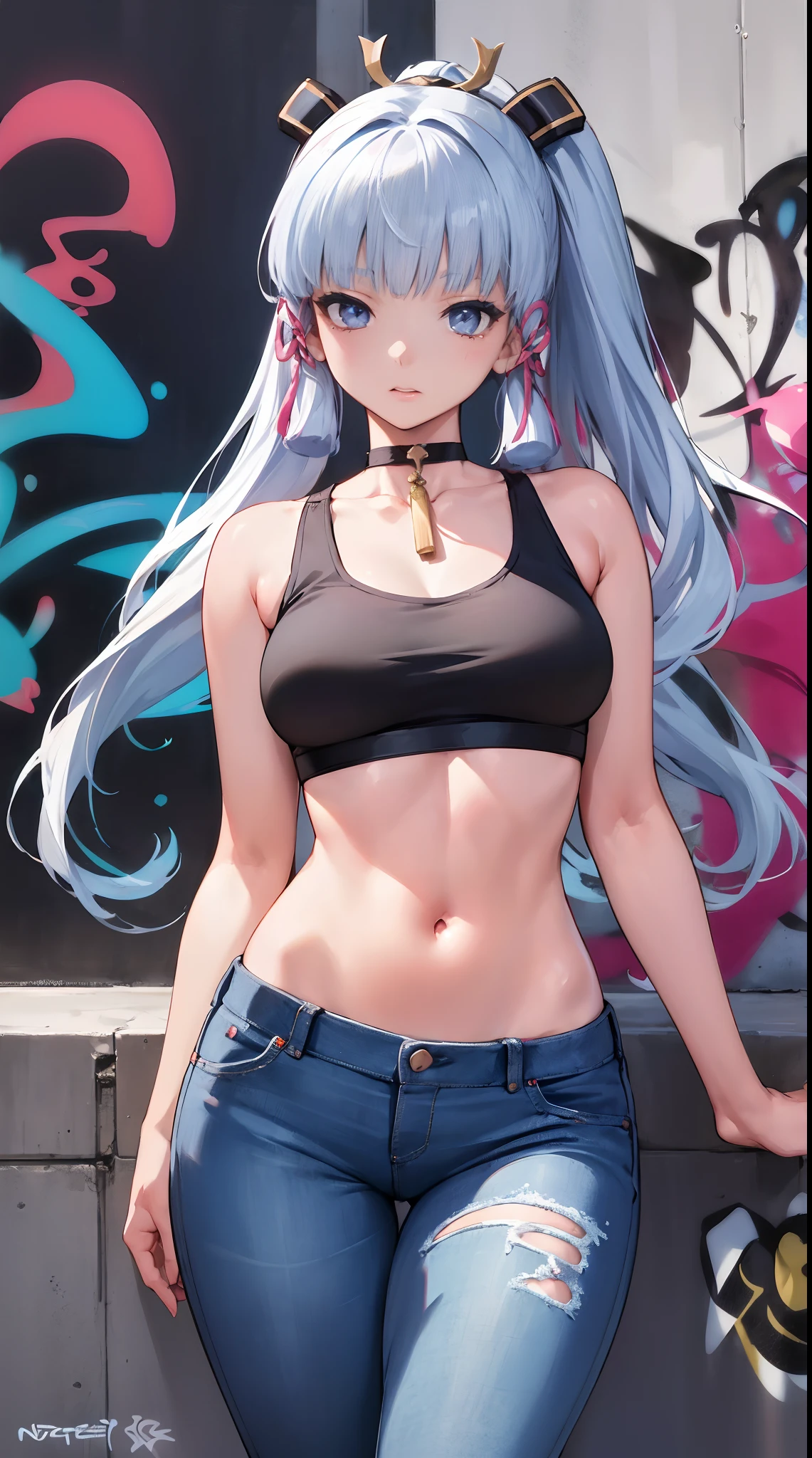 kamisato ayaka|genshin impact, master-piece, bestquality, 1girls,25 years old, proportional body, elongated legs, Beautiful, proportional., crop top, Long Jeans, mediuml breasts, ,bara, crop top, choker, (Graffiti:1.5), Splash with purple lightning pattern., arm behind back, against wall, View viewers from the front., Thigh strap, Head tilt, bored,(NSTDA.:1.2), (10, beste-Qualit, master-piece: 1.4), Beautiful red hair, ultra-high resolution, (lifelike, photorealistic portrait: 1.48), 20 age, Cute Girl, (Looking Through Crop Tops.), Famous Japanese actors, beautiful clear eyes, Head tilt, cowboy shot, from the front, looking at the audience, expressionless, Beautiful lake, Zeiss 150mm F/ 2.8 Hasselblad, Whole body, foot, Ultra-Wide Angle,