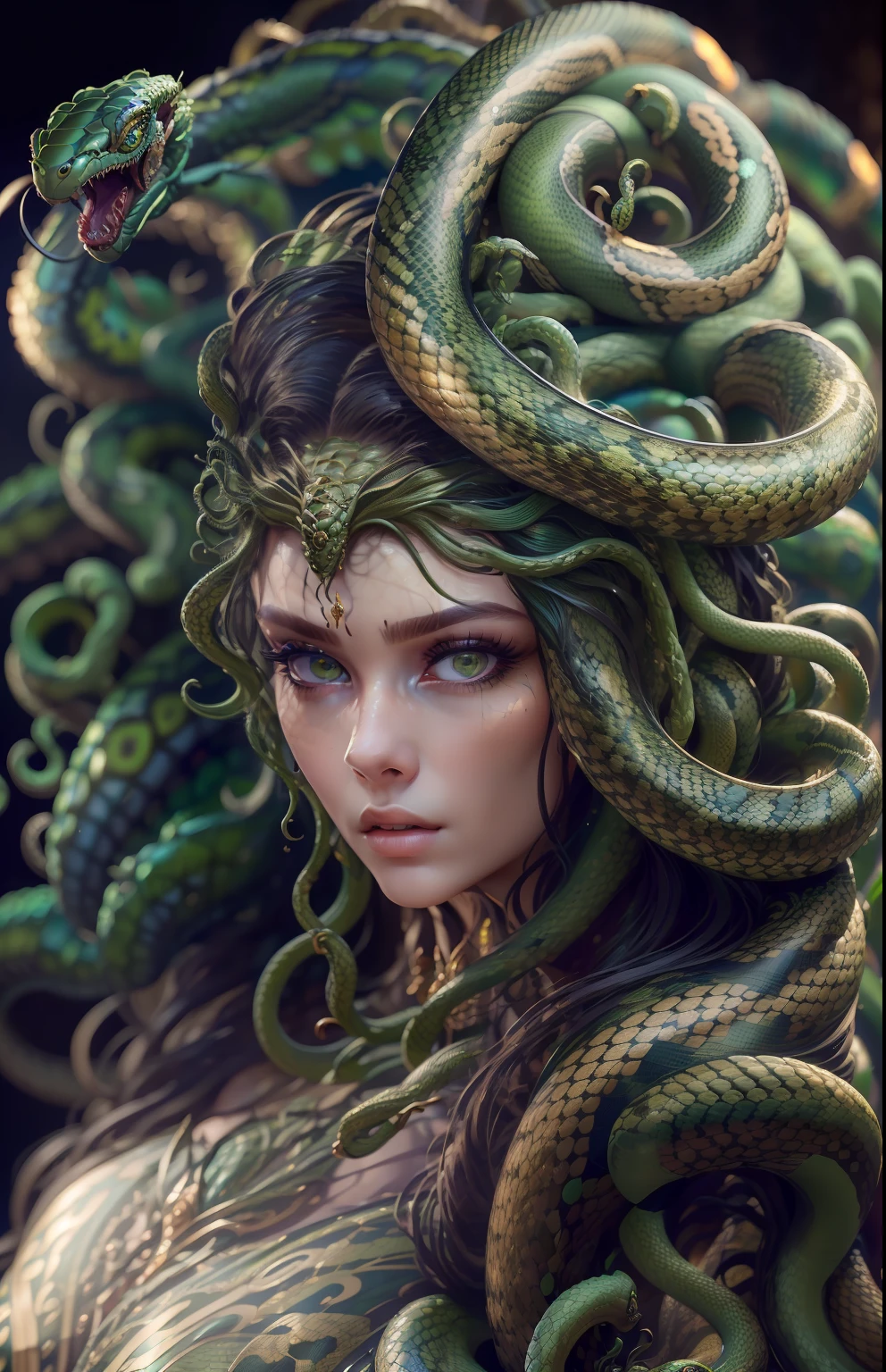 ((best quality)), ((realistic)), Medusa, upper body, hair is made up of countless snakes, green eyes, female face, metal underwear, trending on artstation, clear focus, studio shot , intricate detail, highly detailed, detailed eye, illustration, highly detailed, sharp focus, digital render, professional, 4k