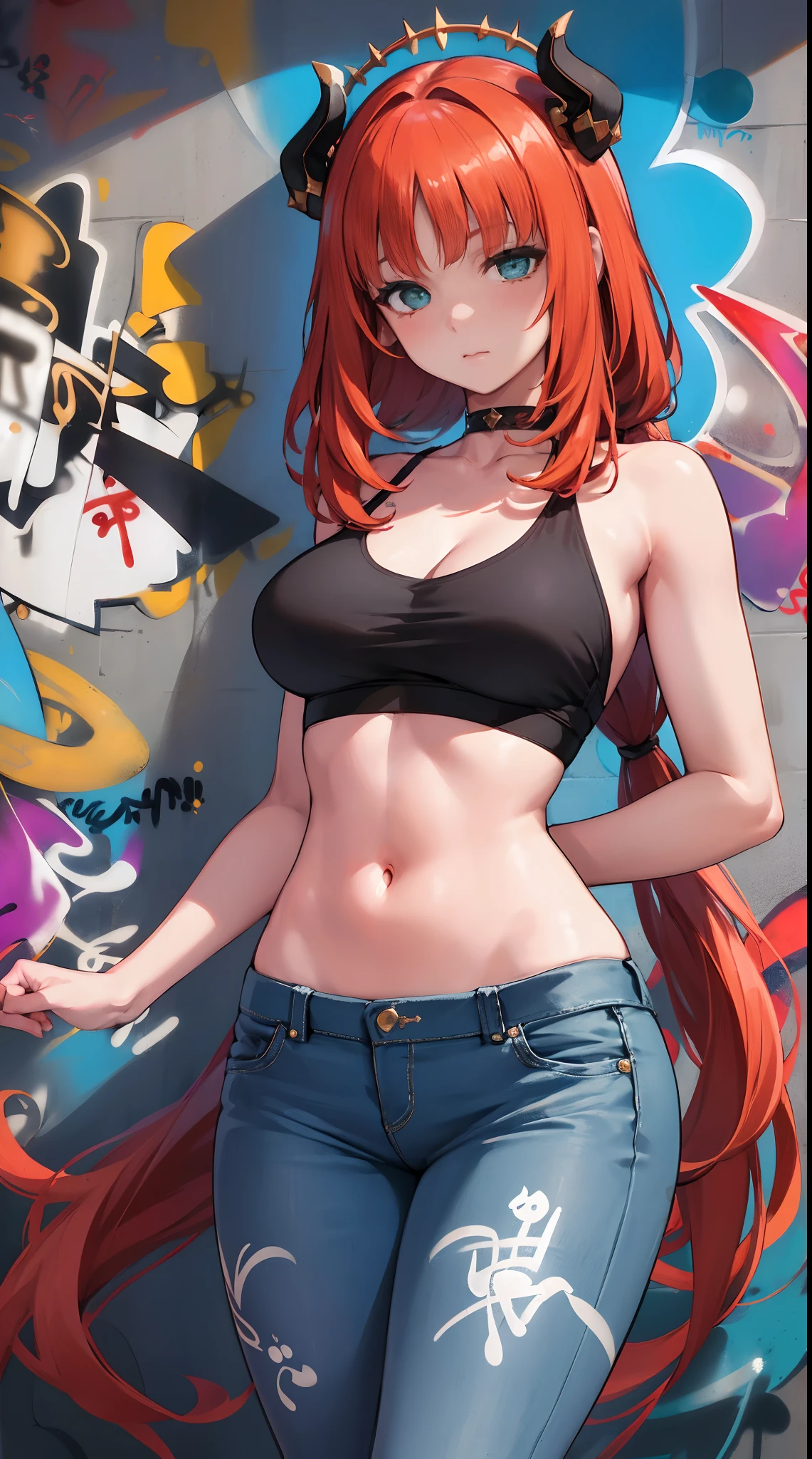 nile|genshin impact, master-piece, bestquality, 1girls,25 years old, proportional body, elongated legs, Beautiful, proportional., crop top, Long Jeans, mediuml breasts, ,bara, crop top, choker, (Graffiti:1.5), Splash with purple lightning pattern., arm behind back, against wall, View viewers from the front., Thigh strap, Head tilt, bored,(NSTDA.:1.2), (10, beste-Qualit, master-piece: 1.4), Beautiful red hair, ultra-high resolution, (lifelike, photorealistic portrait: 1.48), 20 age, Cute Girl, (Looking Through Crop Tops.), Famous Japanese actors, beautiful clear eyes, Head tilt, cowboy shot, from the front, looking at the audience, expressionless, Beautiful lake, Zeiss 150mm F/ 2.8 Hasselblad, Whole body, foot, Ultra-Wide Angle,