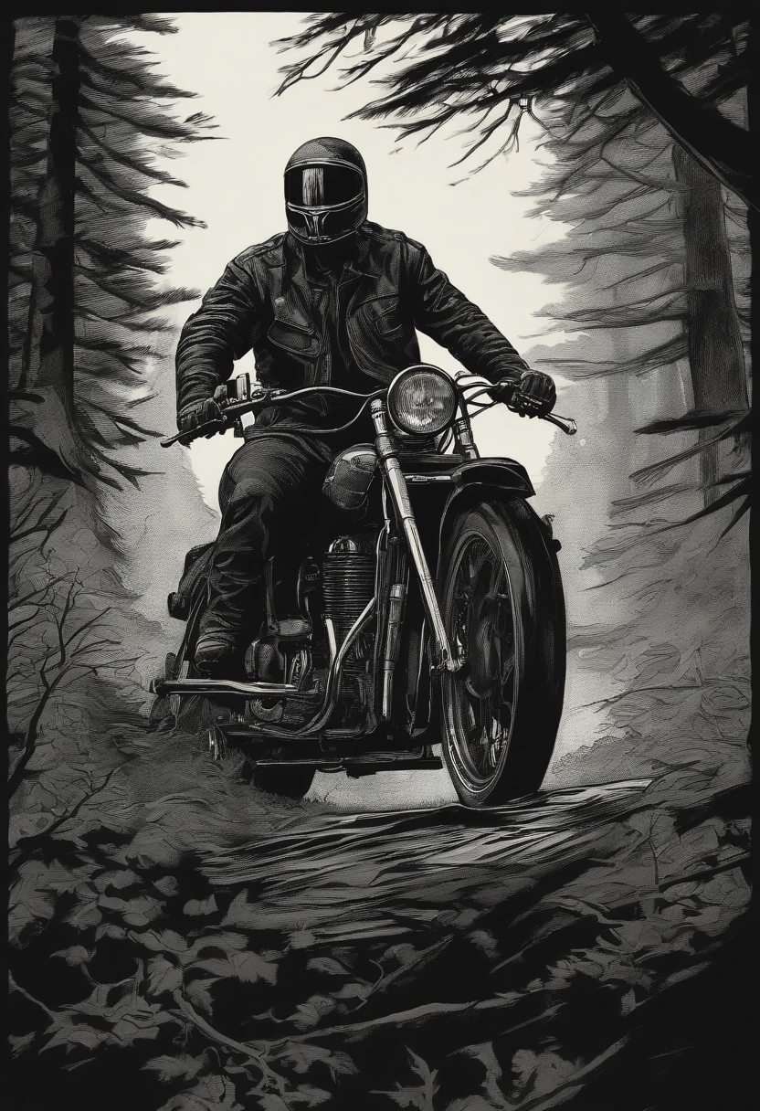 Artistic Image:
Type of Image: Ink Drawing
Subject Description: In this detailed comic book art style ink drawing, we imagine a vintage heavy man with long hair and a beard riding a Harley Davidson motorcycle through a dark and eerie forest. The man, reminiscent of Scarface, exudes a sense of ruggedness and intensity. His shiny leather clothing, including a jacket and pants, is meticulously rendered with intricate details. The motorcycle roars through the forest, with the man leaning into a turn, creating a sense of speed and adrenaline. The forest is depicted with menacing spiral tree branches, casting eerie shadows on the dark forest road. The atmosphere is one of mystery and danger, enhanced by the presence of a full moon in the night sky. The color palette consists of dark blacks and beiges, adding to the ominous and moody mood of the scene.
Art Styles: Detailed Comic Book, Vintage, Ink Drawing
Art Inspirations: The ink illustrations of Klaus Janson, the vintage comic book art of Gene Colan, and the atmospheric drawings of Ashley Wood.
Camera: Long shot
Camera Lens: 70mm
View: Front
Resolution: 2K
Render Style: