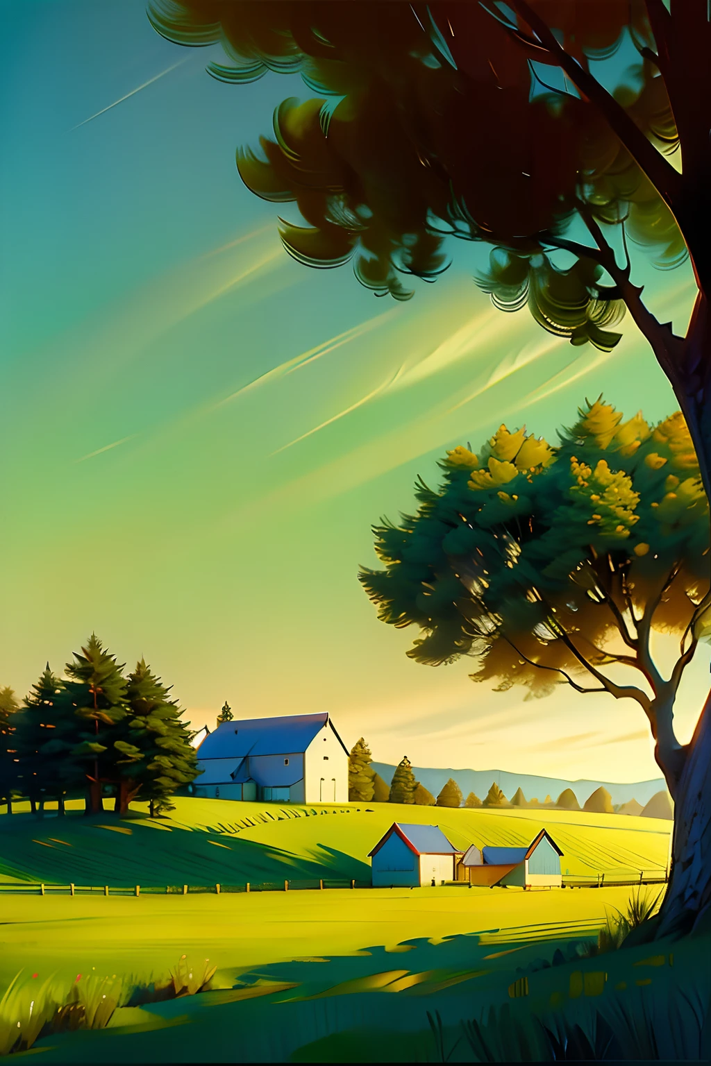 A painting of a summertime landscape, green trees, green grass, farm buildings with silos and farm animals, daytime light.
