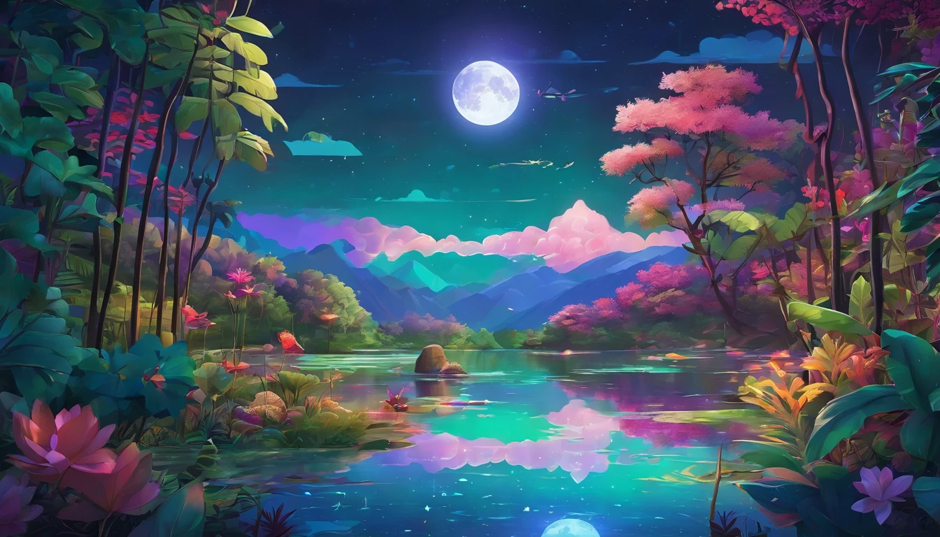 expansive landscape photograph , (a view from below that shows sky above a lake in a jungle below), a lake in a jungle, lotus on the surface of the lake, (firefly in the jungle: 1.3), ((a beautiful moonlit night scene)), (a big full moon: 1.3) , partly cloudy sky, (night shooting star: 1), distant mountain, 4k, ultra-detailed, (dynamic configuration: 1.4), highly detailed and colorful details (iridescent: 1.2), (sparkling lighting, atmospheric lighting), highest quality