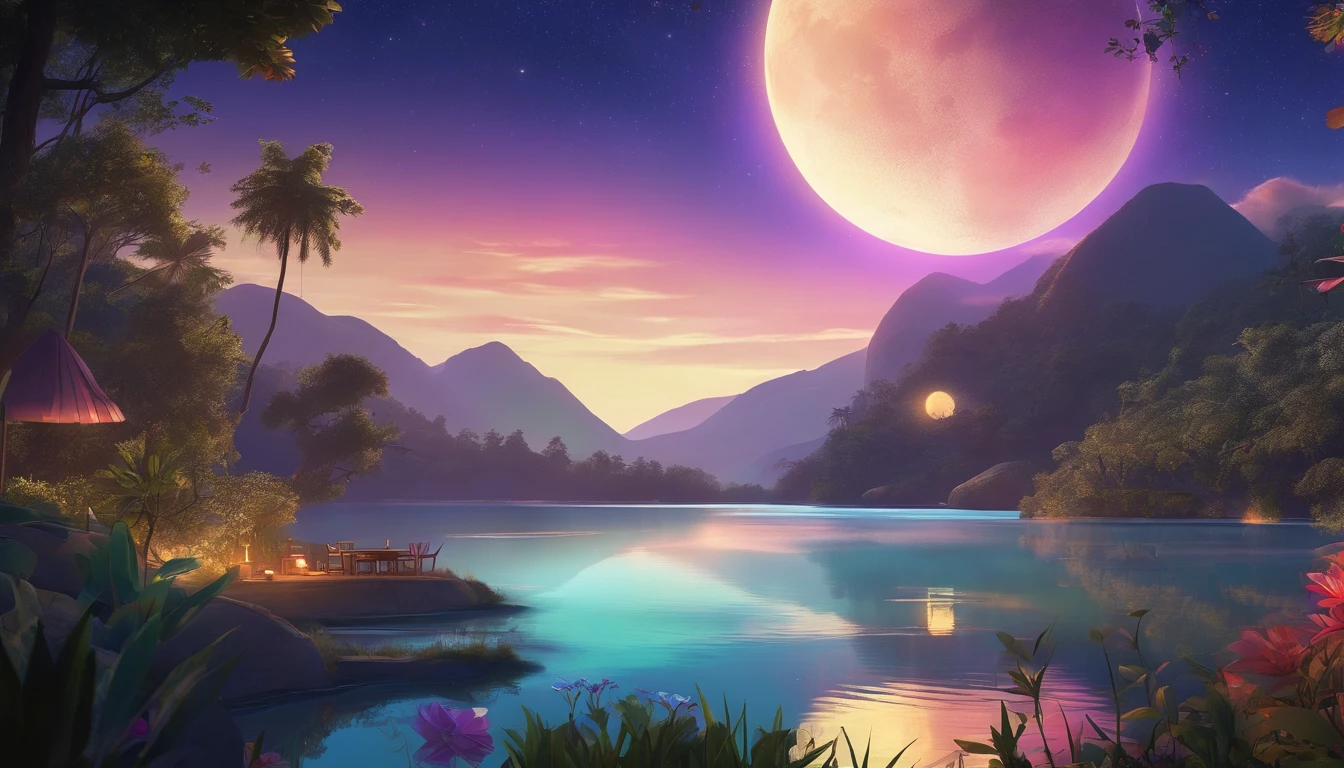 expansive landscape photograph , (a view from below that shows sky above a lake in a jungle below), a lake in a jungle, lotus on the surface of the lake, (firefly in the jungle: 1.3), ((a beautiful moonlit night scene)), (a big full moon: 1.3) , partly cloudy sky, (night shooting star: 1), distant mountain, 4k, ultra-detailed, (dynamic configuration: 1.4), highly detailed and colorful details (iridescent: 1.2), (sparkling lighting, atmospheric lighting), highest quality
