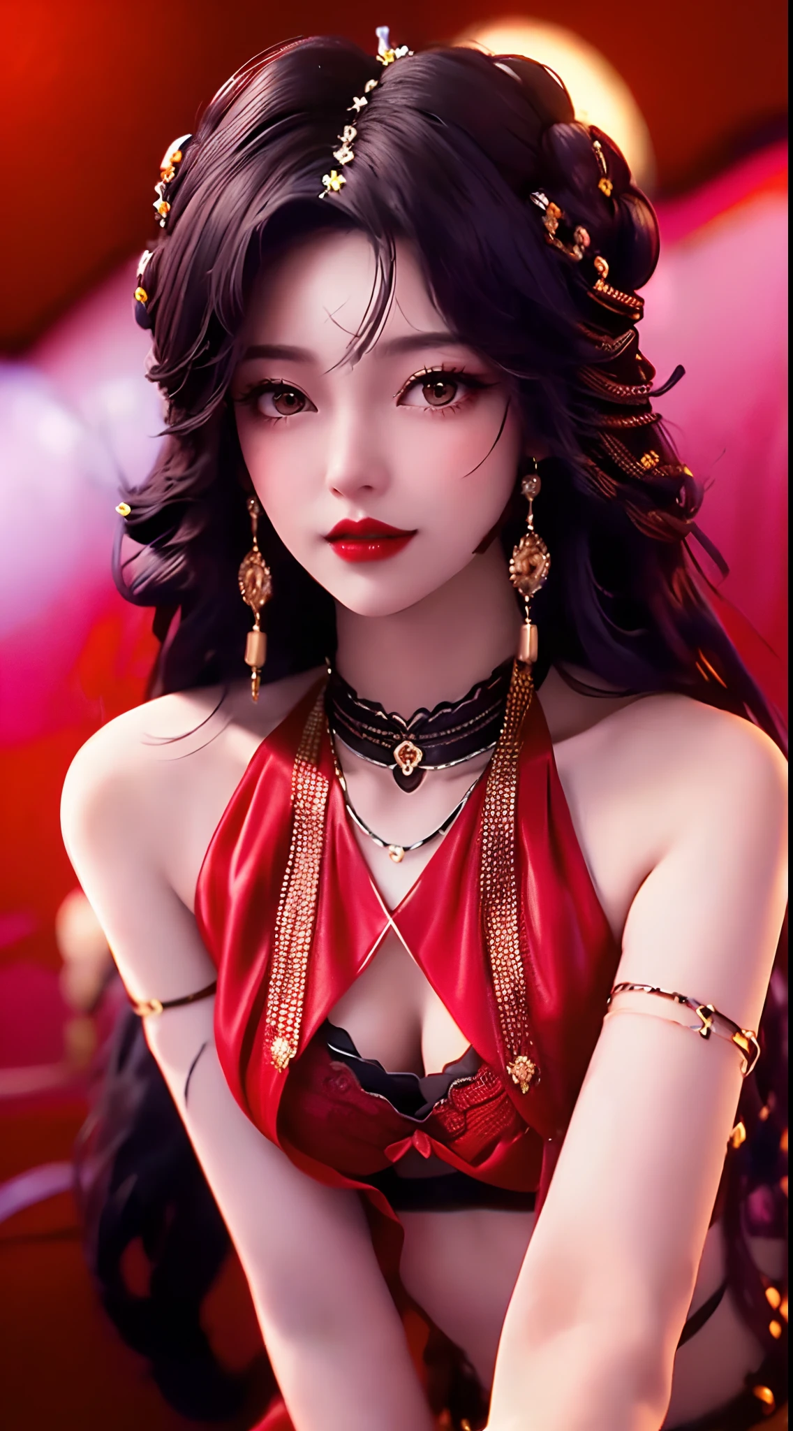 1 beautiful and sexy 20-year-old girl, adult, ((wearing a red push-up bra with black trim and low-cut chest:1.6)), dress with diamonds, ((long purple-black hair:1.6)) , bangs, elaborate jewelry made from gems and beautiful hair, ((wearing a black lace necklace:1.4))), noble style of an extremely beautiful girl, super cute small face, very pretty face, sparse eyebrows, flawless beautiful face, ((black eye pupils: 0.8)), ((very beautiful black eyes: 1.6)), beautiful makeup and detailed hairdo , eyelashes, wet eye makeup, high nose, earrings, red lips, ((closed mouth: 1.5 )) beautiful lips, slim hands, rosy face, clean face, flawless beautiful face, smooth white skin, (Super big and round breasts:1.8), beautiful breasts, perfect body, (((sitting position, leaning back and arms behind: 1.5))), ((chest out: 1.5)), don't be shy, 8k photo, super high quality, surreal, pixelated super 10x, optical, bright studio, bright edges, two-tone lighting, (high detail skin:1.2), super 8k, soft light, high quality, volumetric lighting, optical, resolution high optical resolution, lighting, best photo, 4k, 8k quality, blur effect, smooth sharpness, 10 x pixels, ((flower red background:1.5)), aurora, lightning, supermap realistic graphics, most realistic graphics, alone, solo, Extremely sharp, surreal images, (((frontal portrait: 1.4)))."