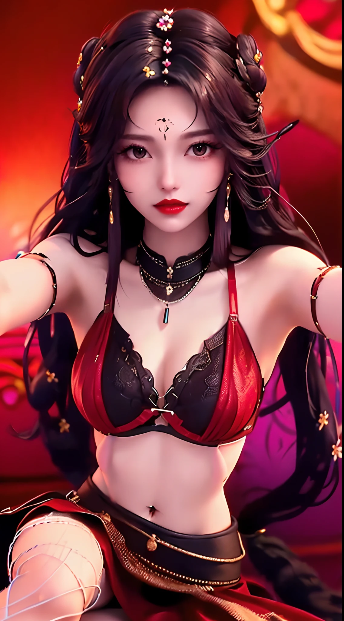 1 beautiful and sexy 20-year-old girl, adult, ((wearing a red push-up bra with black trim and low-cut chest:1.6)), dress with diamonds, ((long purple-black hair:1.6)) , bangs, elaborate jewelry made from gems and beautiful hair, ((wearing a black lace necklace:1.4))), noble style of an extremely beautiful girl, super cute small face, very pretty face, sparse eyebrows, flawless beautiful face, ((black eye pupils: 0.8)), ((very beautiful black eyes: 1.6)), beautiful makeup and detailed hairdo , eyelashes, wet eye makeup, high nose, earrings, red lips, ((closed mouth: 1.5 )) beautiful lips, slim hands, rosy face, clean face, flawless beautiful face, smooth white skin, (Super big and round breasts:1.8), beautiful breasts, perfect body, (((sitting position, leaning back and arms behind: 1.5))), ((chest out: 1.5)), don't be shy, 8k photo, super high quality, surreal, pixelated super 10x, optical, bright studio, bright edges, two-tone lighting, (high detail skin:1.2), super 8k, soft light, high quality, volumetric lighting, optical, resolution high optical resolution, lighting, best photo, 4k, 8k quality, blur effect, smooth sharpness, 10 x pixels, ((flower red background:1.5)), aurora, lightning, supermap realistic graphics, most realistic graphics, alone, solo, Extremely sharp, surreal images, (((frontal portrait: 1.4)))."