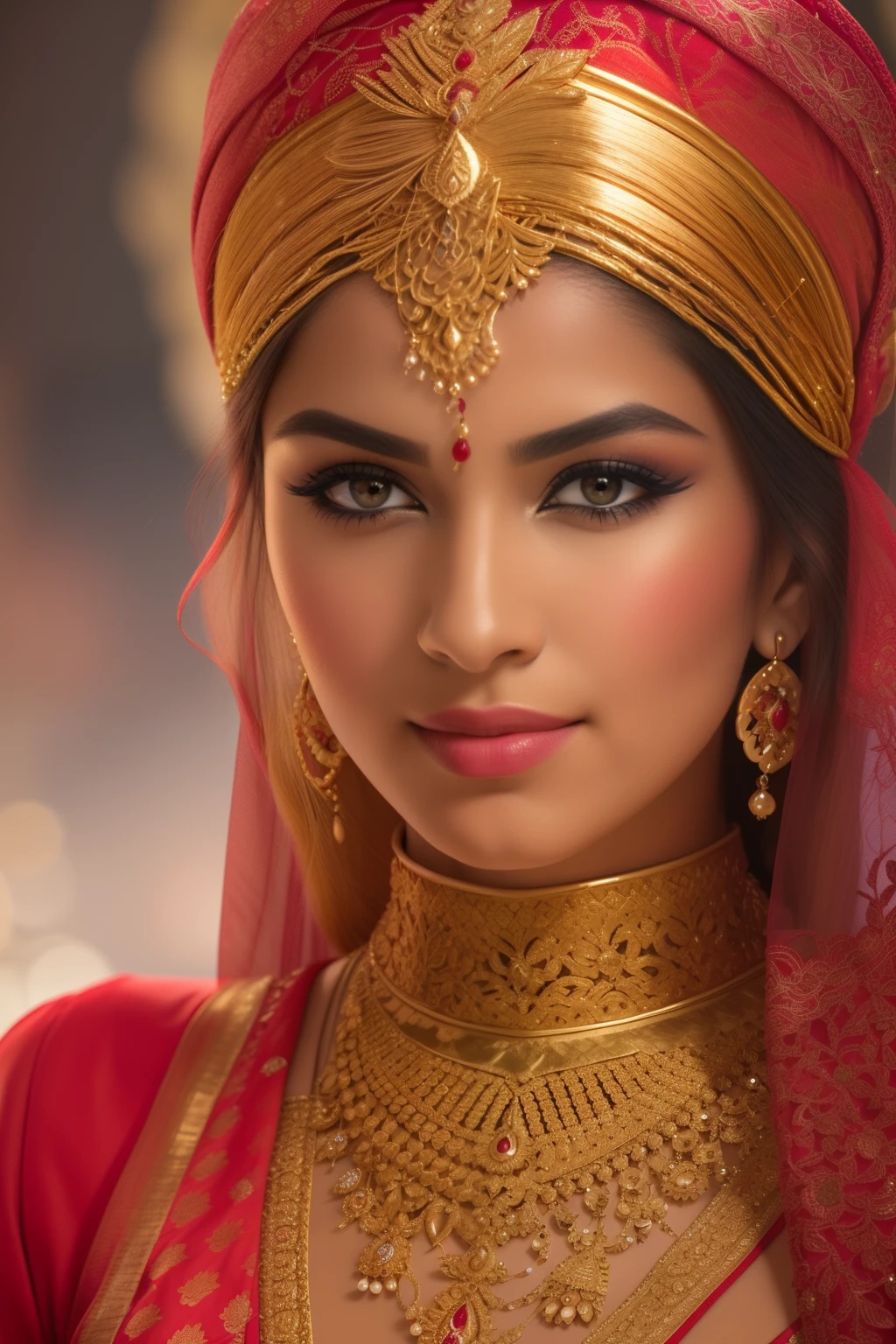 a close up of a woman in a red and gold costume, Traditional beauty, detailed beauty portrait, Portrait shooting, arabian beauty, Indian, stunning portrait, Beautiful portrait, very beautiful portrait, Rendu portrait 8k, photo of a beautiful woman, Middle Eastern skin, high quality portrait, indian empress, traditional makeup, Portrait photo of a beautiful, detailed beautiful portrait, indian style