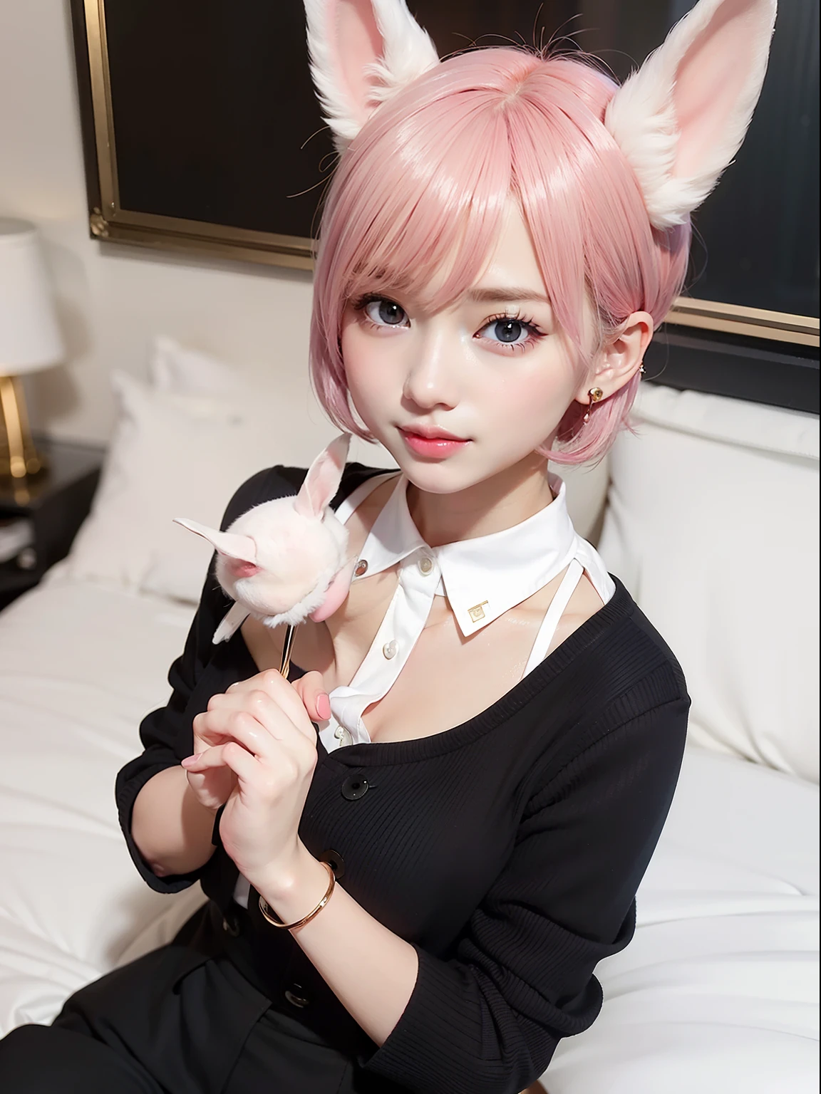 Pink short cut hair,(8K, top-quality, masterpiece:1.2), (realisitic, Photorealsitic:1.37), ultra-detailliert, 1 girl in, full body Esbian, Hotel Rooms, (Adjusted hair:1.5) Officelady, Black Office Blazer, Office Skirt, (panthyhose: 1.2)、(Short button-down shirt:1.2)、Button Up Color Prim、Button Down Color Prim、bura、(panthyhose:1.2)、Alpha Layer、high-heels、earring beautiful、cute little、独奏、Beautiful detailed sky、(A smile:1.15)、(Mouth closed)、tiny chest、Eyes in Beautiful Details、Business attire、(short-hair:1.2)、Floating Hair NovaFrogStyle、Hotel Bed、masuter piece、Pink Shortcut Bob、Realistic rabbit ears、Pink realistic rabbit ears、Realistic ears of rabbits sticking out of the head、Pink hair、Beautiful girl in her 20s、Bewitching atmosphere、Beautiful shaped hands、K-POP、Pink rabbit ears、1 girl in、独奏、masterpiece、top-quality、realisitic、Hyper-detailing、(Glossy skin:1.4)、absurderes、short pink hair、Slender beauties、动态照明、hight resolution、foco nítido、depth of fields、(thick thight:1.0)、A slender :1.2,((Short-cut bob hair))、((k pop:1.3)),Highly detailed facial and skin texture、((魅惑的)),Anatomically correct number of fingers,Correct anatomy