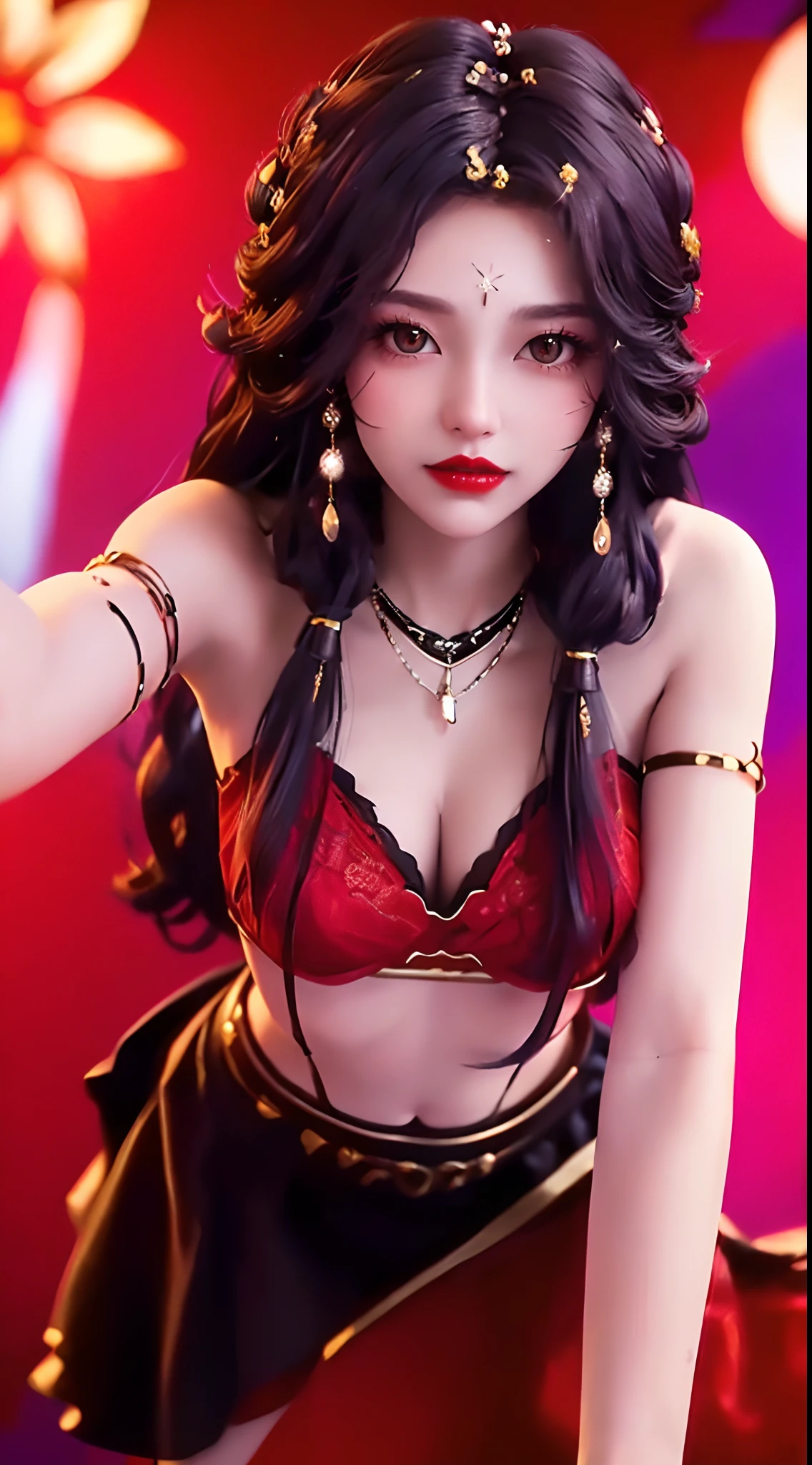 1 beautiful and sexy 20-year-old girl, adult, ((wearing a red push-up bra with black trim and low-cut chest:1.6)), dress with diamonds, ((long purple-black hair:1.6)) , bangs, elaborate jewelry made from gems and beautiful hair, ((wearing a black lace necklace:1.4))), noble style of an extremely beautiful girl, super cute small face, very pretty face, sparse eyebrows, flawless beautiful face, ((black eye pupils: 0.8)), ((very beautiful black eyes: 1.6)), beautiful makeup and detailed hairdo , eyelashes, wet eye makeup, high nose, earrings, red lips, ((closed mouth: 1.5 )) beautiful lips, slim hands, rosy face, clean face, flawless beautiful face, smooth white skin, (Super big and round breasts:1.8), beautiful breasts, perfect body, (((sitting position, leaning back and arms behind: 1.5))), ((chest out: 1.5)), don't be shy, 8k photo, super high quality, surreal, pixelated super 10x, optical, bright studio, bright edges, two-tone lighting, (high detail skin:1.2), super 8k, soft light, high quality, volumetric lighting, optical, resolution high optical resolution, lighting, best photo, 4k, 8k quality, blur effect, smooth sharpness, 10 x pixels, ((flower red background:1.5)), aurora, lightning, supermap realistic graphics, most realistic graphics, alone, solo, Extremely sharp, surreal images, (((frontal portrait: 1.4)))."