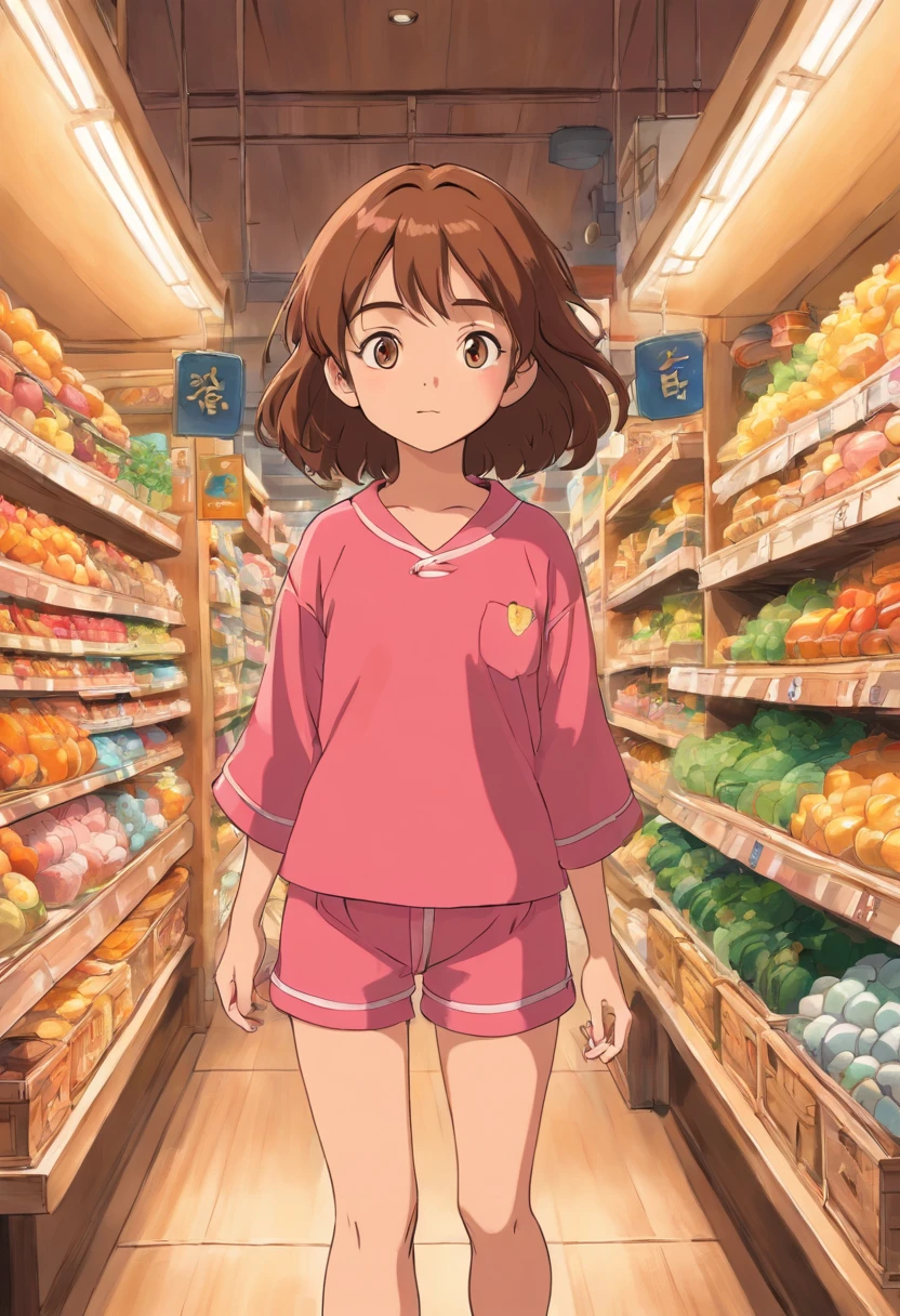 Menina, cabelo marrom, olhos pretos, pele parda, 12-year-old child, vestindo um pijama rosa no shopping