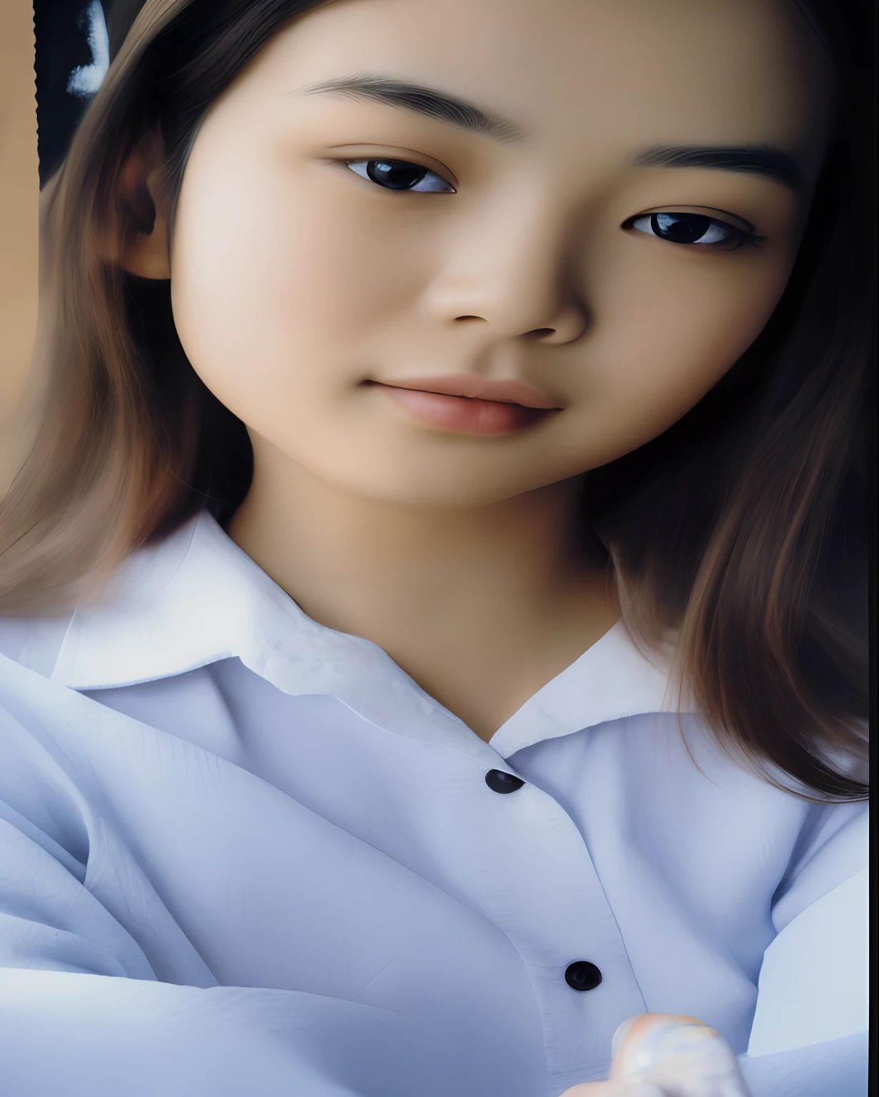 there is a woman that is sitting down with a cell phone, detailed face of a asian girl, blur effect face, close up potrait, detailed unblurred face, with round face, single realistic face, realistic painting effect, pointed chin, photorealistic beautiful face, slightly round chin, with a pointed chin, markings on her face, with narrow nose