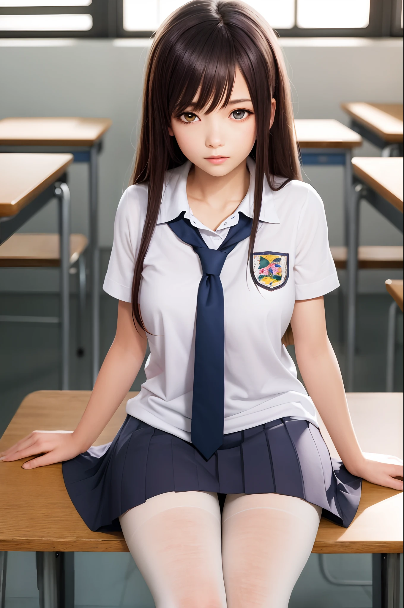 masterpiece, best quality, super detailed, illustration, colorful, falt color, depth of field, lens flare, 1girl, anime, sitting, brunette, looking at viewer, school, classroom, pleated miniskirt, school uniform, serafuku, black Pantyhose, detailed skin texture, detailed cloth texture, beautiful and detailed face,