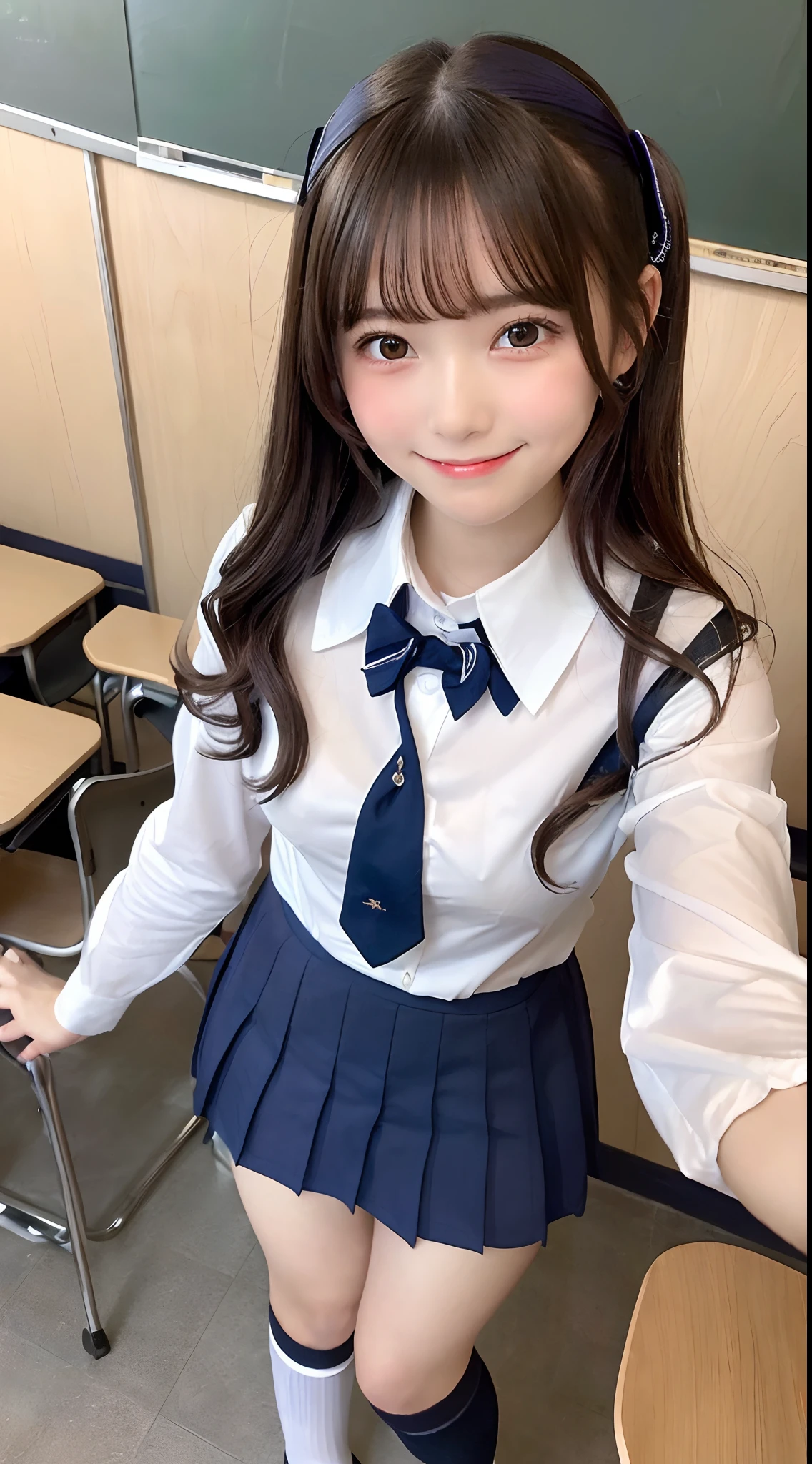 ((Angle from below:1.2))Very cute woman,18year old,((School Uniforms:1.3)),A dark-haired,Hair Ribbon,Classroom,(masuter piece, Best Quality,Ultra-detailed:1.2),((A smile:1.4))