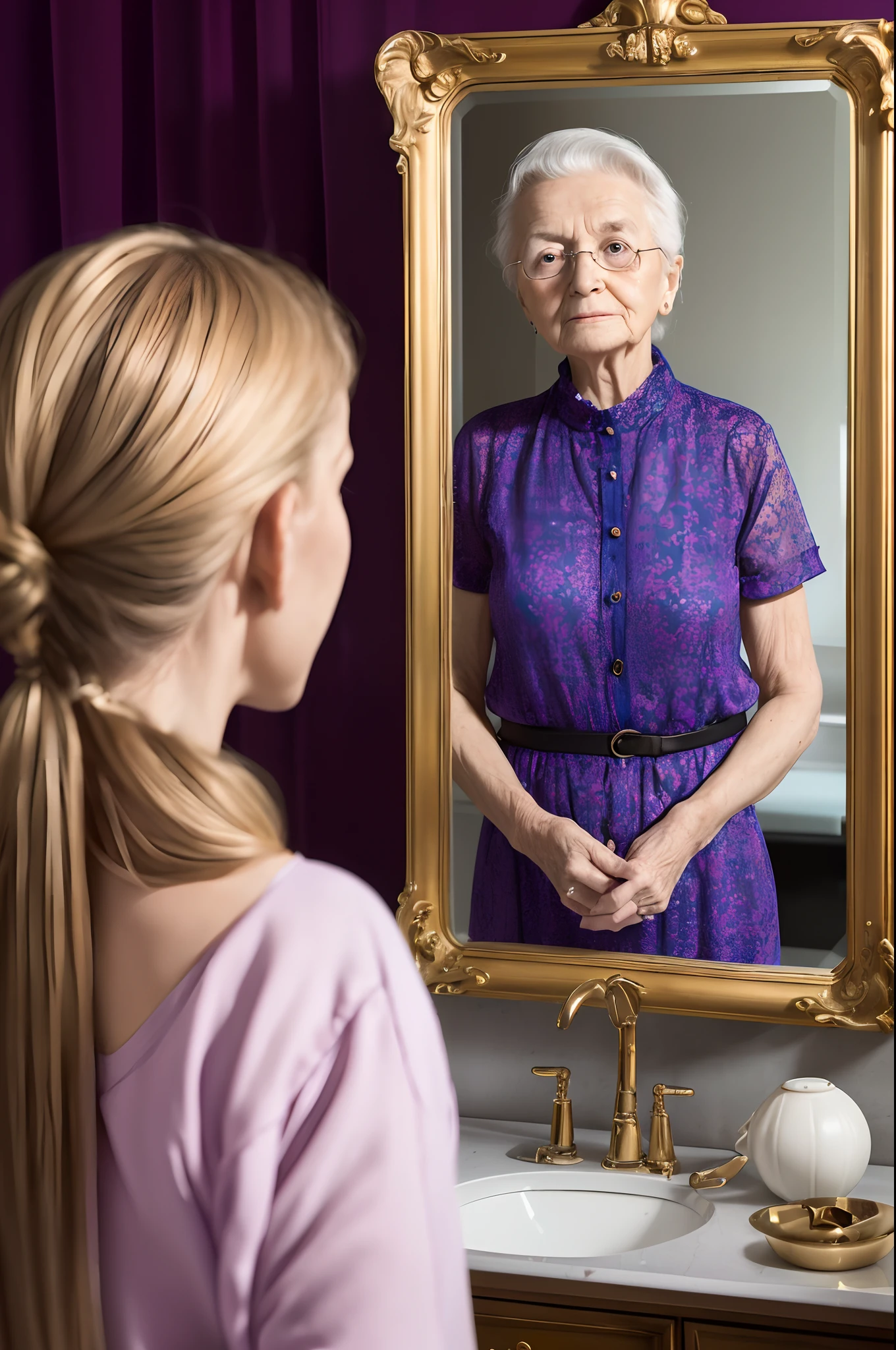 Magic Mirror Reflection, (vibrant background, clean background, Depth of field, Best Quality, 8K, RAW photo, Masterpiece:1.2), A young girl of looks at herself in the mirror and sees an old woman of 90 years old in the reflection, as if in the future