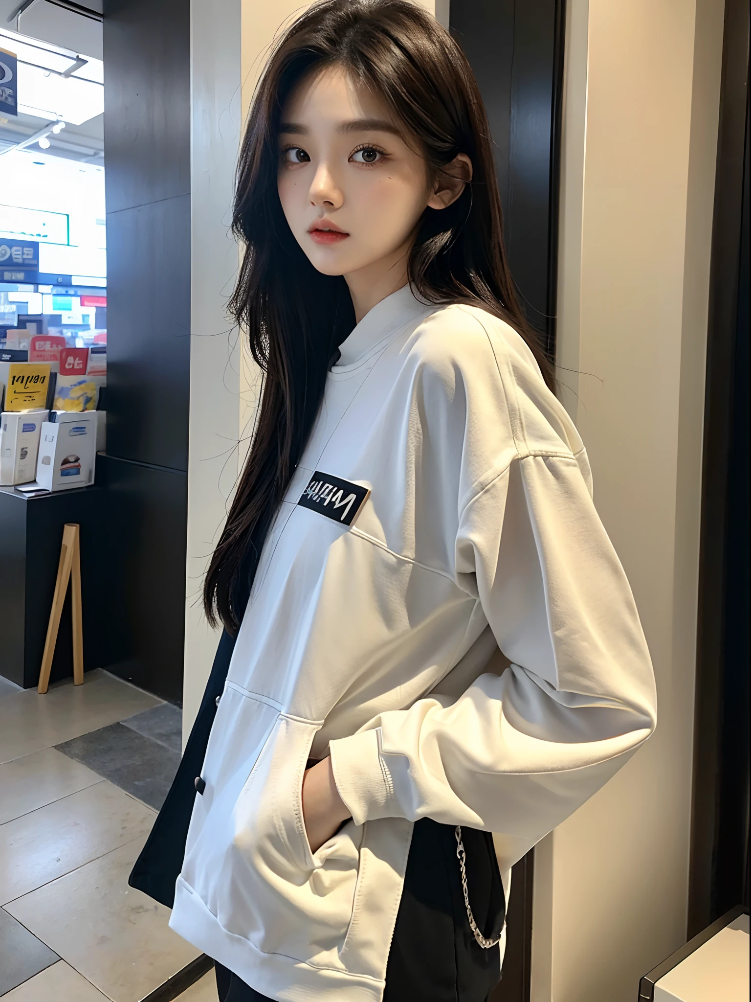 ​masterpiece、top-quality)、1 beutiful girl、Slim body、((Black and white plain clothes:1.1))、(Detailed beautiful eyes)、Walk around the store、((Boyish Brown Medium Hair))、((Smaller face))、((Neutral face))、((Face seen from the side))、((Light brown eyes))、((Korean Girl))、((18year old))、((cool lady))、((Wild look))、((Korean Makeup))、((elongated and sharp eyes))、((Happy dating))、((looking distantly))、((boyish))、((Shot from the same height as your face))、((Shorter than viewer))、((She is walking in front of the viewer))、((Reaching out to your audience))