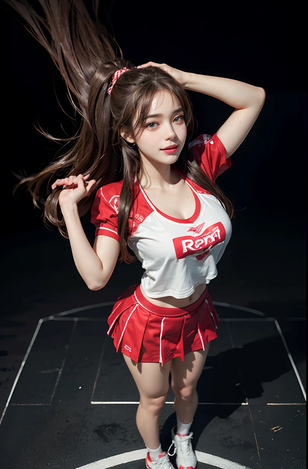 (A hyper-realistic), (illustratio), (hight resolution), (8K), (ighly detailed), (The best illustrations), (beatiful detailed eyes), (top-quality), (ultra-detailliert), (masterpiece), (detailed face), droopy eyes,full of sweat, full body, long legs, long-hair,inner colored,solo,Girl in tiny cheerleader uniform, huge tits, smile, football field