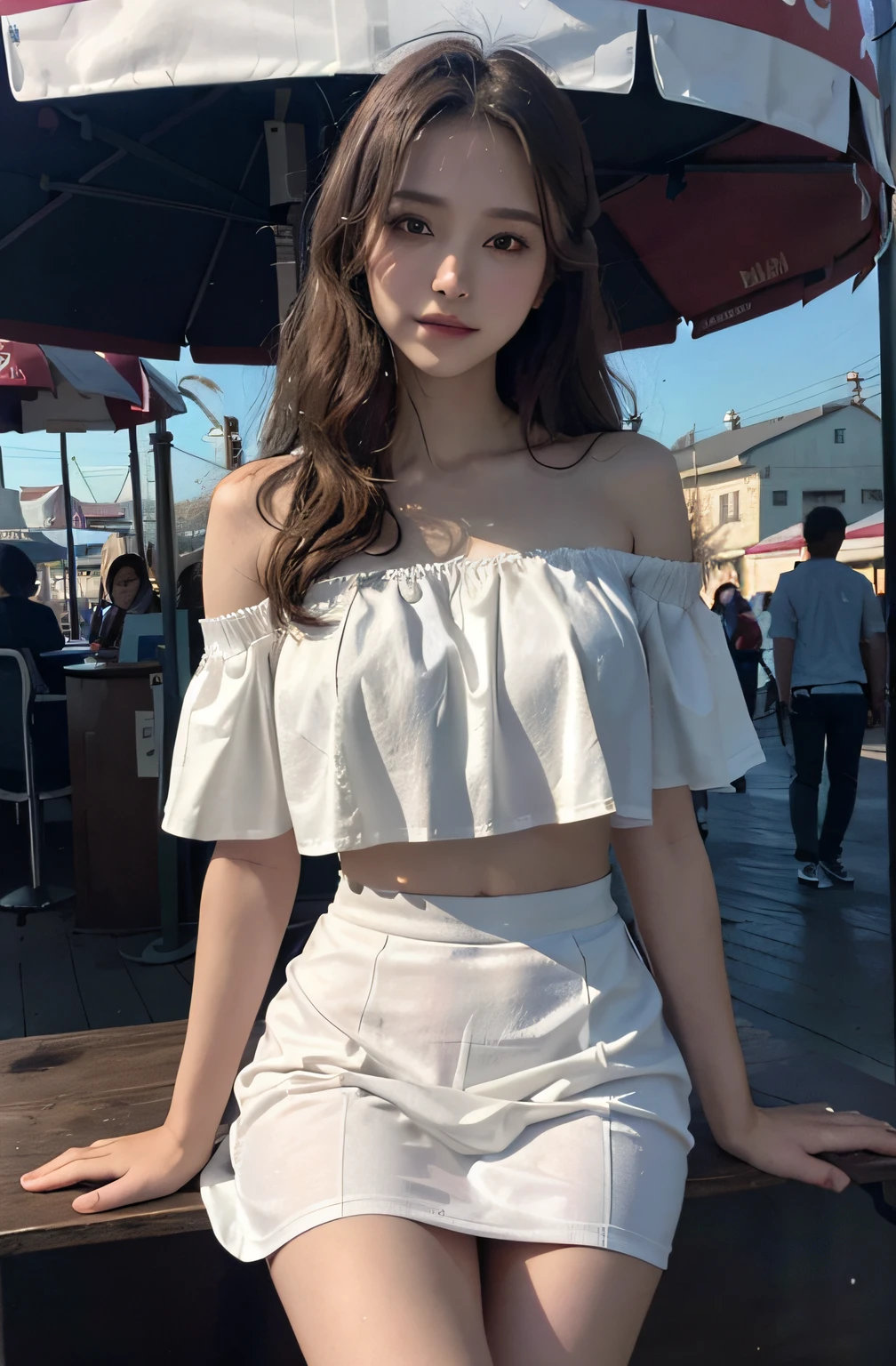 ((top-quality、masterpiece:1.3))、((Russian beauties))、1 female:2.0、18year old、Colossal tits:1.3、Slender body type:1.1、Toned abs、Blonde semi-long hair、Detailed lips、detailedeyes、二重まぶた、blue eyess、wide Shots、(Raw photography、top-quality)、(realisitic、Photorealsitic:1.3、Magic Hour:1.5)、top-quality、masterpiece、extremely delicate and beautiful、extremely details CG、 absurderes、A smile、Erotic face、sparklers、omatsuri、skyrocket、Slouched、Nokezoru、An amusement park、Off-shoulder white shirt:1.8、flered skirt、merry-go-round、
