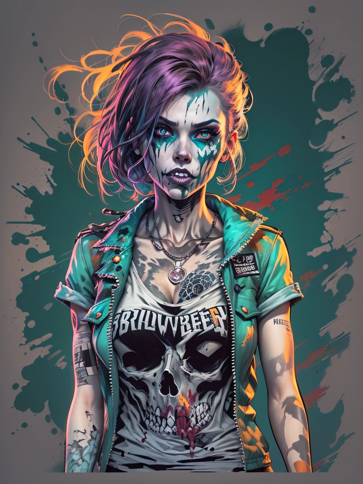 (best quality,4k,8k,highres,masterpiece:1.2), ultra-detailed, (realistic,photorealistic,photo-realistic:1.37), vector style, t-shirt image, zombie punk style girl, halloween style, white background, bright colors, vector image style, punk hair, edgy makeup, ripped clothes, graffiti elements, skull accessories, dark and vibrant colors, neon highlights, bold outlines, comic book style shading, ink splatters, spooky atmosphere
