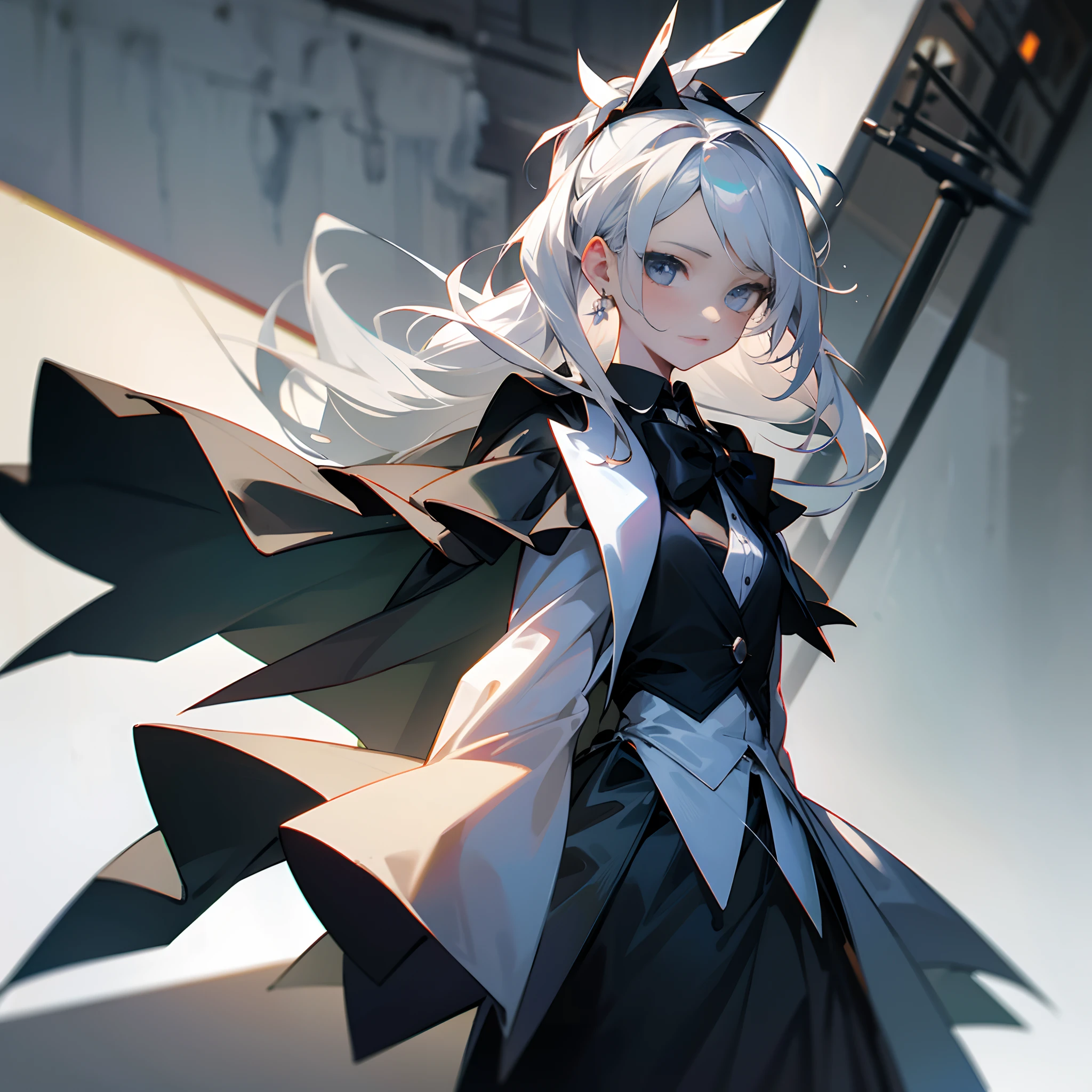 Silvery-white hair,There is a black bow on the head,teens girl,Women's suits,The background is under the street lamp