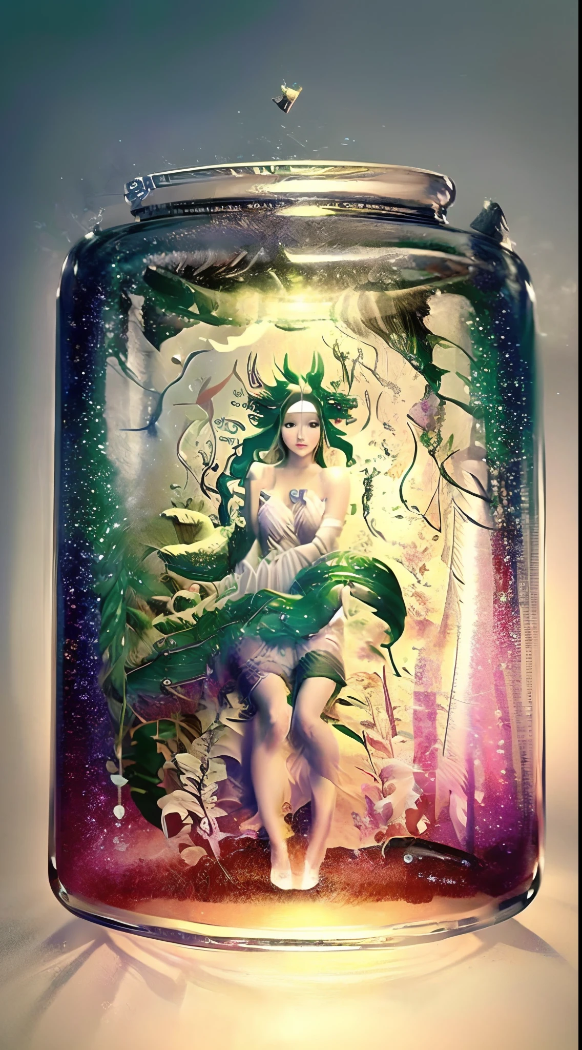 (Best quality,4K,8K,A high resolution,Masterpiece:1.2),Ultra-detailed,(Realistic,Photorealistic,photo-realistic:1.37),Gorgeous,Beautiful,Long golden hair, The goddess in a black and white dress sits on the steps, 浴室,Sexy girl,Illustration style:kim jung giu, Japanese goddess, Yoshigaki, Amazing goddess, ethereal figure, mesmerizing eyes, Beautiful white costume, Bright sunlight, gleaming silver, Yoshitomo Nara, Fuzzy green dragon-shaped smoke,Glass bottle packaging