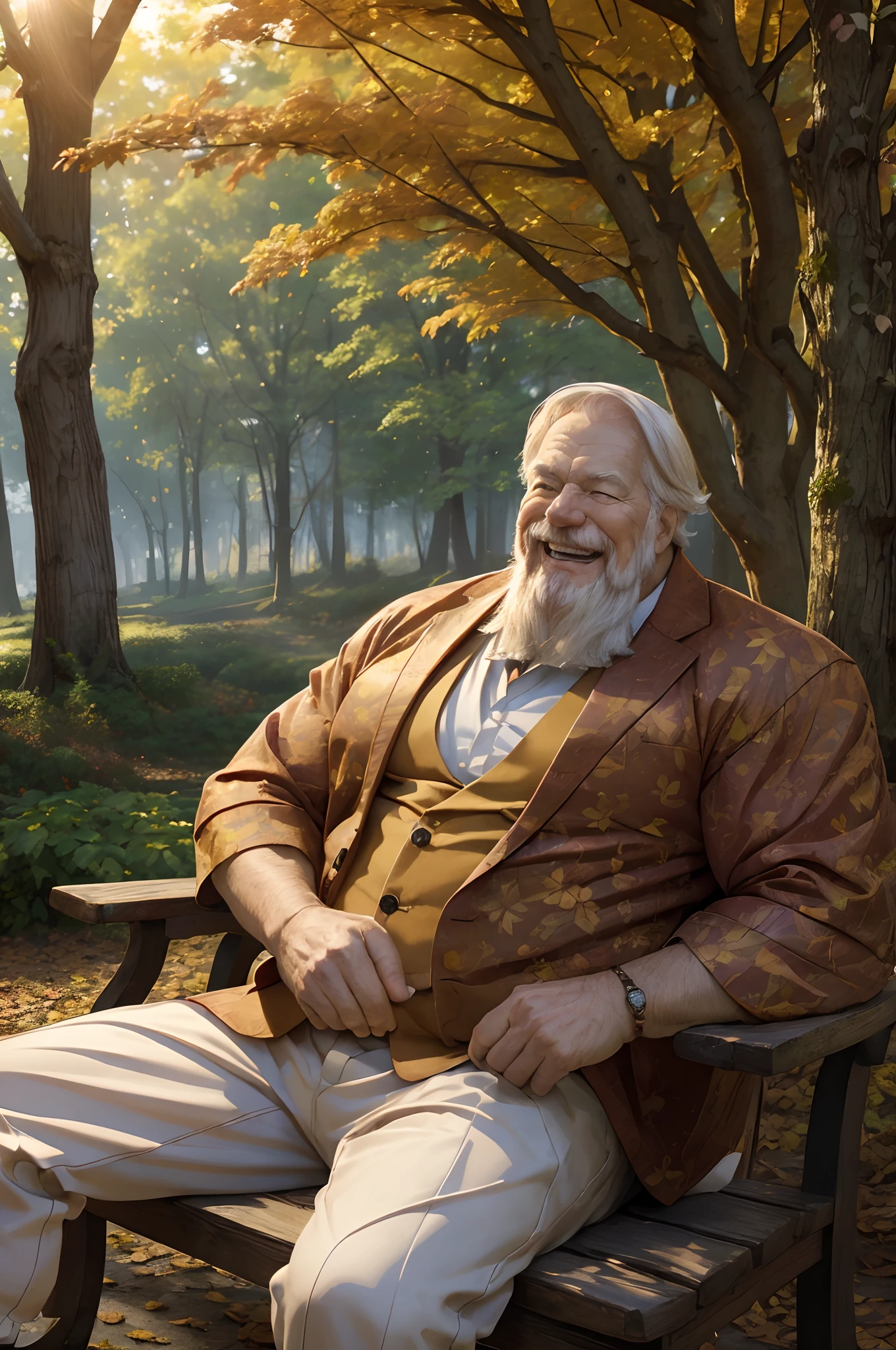 (best quality,4k,8k,highres,masterpiece:1.2),ultra-detailed,(realistic,photorealistic,photo-realistic:1.37),park scene,autumn colors,muscular old man,sitting contentedly,enjoying the serene atmosphere,peaceful surroundings,tall,thin trees with vibrant orange and red leaves,crisp fall air,casual outfit with a light jacket,relaxed pose,smiling face with visible laugh lines,strong arms,veined hands resting on a wooden bench,reminiscing on a wooden walking stick,expressive eyes filled with joy and wisdom;colorful flowers in full bloom around him,fallen leaves scattered on the ground,soft sunlight streaming through the trees,creating interesting light and shadow patterns；